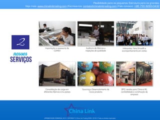 2
nossos
serviços
Flexibilidade para os pequenos. Estrutura para os grandes.
Veja mais: www.chinalinktrading.com | Escreva...