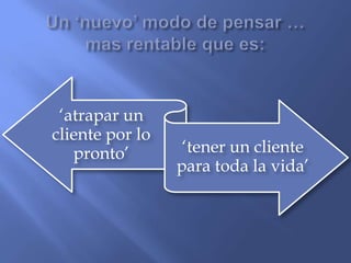 „atrapar un
cliente por lo
pronto‟ „tener un cliente
para toda la vida‟
 