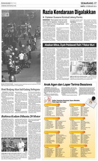 SABTU, 15 FEBRUARI 2014

Razia Kendaraan Digalakkan
● Ciptakan Suasana Kondusif Jelang Pemilu
SEMARANG - Razia sepeda motor dan mobil
saat malam hari digalakkan, menjelang pemilu
kali ini. Kegiatan itu untuk mengantisipasi kemunculan tindak kejahatan.
Sebanyak 80 anggota gabungan
Polrestabes Semarang merazia
kendaraan di sepanjang Jalan Mgr
Soegiyapranoto, Kamis (13/2)
pukul 21.00 sampai 22.30. Pada
jalur satu arah tersebut petugas
telah mencegat pengendara mulai
dari depan Hotel Siliwangi sampai
depan kantor Palang Merah
Indonesia (PMI) Semarang.
Pencegatan untuk mengantisipasi pengendara yang berbalik

arah, sehingga menimbulkan
kecelakaan.
Selama sekitar dua jam razia
puluhan pengendara yang tidak
melengkapi diri dengan surat-surat
terkena tilang. Termasuk, di
dalamnya pengendara mobil.
Selama razia berlangsung beberapa kali pengendara motor menerobos barikade aparat, sehingga terjatuh saat dihentikan secara paksa.
Aparat yang merazia dileng-

kapi dengan sejumlah senapan
laras panjang dan gas air mata.
Polisi Ditusuk
Kepala Satuan Sabhara Polrestabes Semarang, AKBP Basuki, yang memimpin razia, mengatakan perlengkapan senjata
diperlukan untuk mengantisipasi
tindak kejatan selama razia.
”Kan pernah ada polisi ditusuk
saat razia sepeda motor, kami
antisipasi saja. Termasuk anggota
tadi diimbau agar tidak memaksakan diri apabila ada pengendara yang menerobos. Keselamatan anggota dan pengendara
juga penting,” katanya usai razia.
Razia serupa, kata Basuki, juga
dilakukan aparat polsek lainnya.

Razia serentah ini, lanjutnya,
diperintahkan oleh Kapolrestabes Semarang dalam upaya
pengondisian keamanan dan
ketertiban di Semarang.
”Tidak hanya malam hari sebetulnya. Pagi, siang, dan sore juga
akan ada razia menjelang pemilu,” jelasnya.
Data yang dihimpun dari Satlantas Polrestabes Semarang
dalam razia tersebut terdapat 65
pelanggaran yakni 51 orang tidak
membawa STNK dan delapan
lainnya tidak memiliki SIM.
Sementara, sepeda motor yang
tidak dilengkapi surat-surat yang
diamankan ada enam unit.
(H74,K44-64 )

Abaikan Mitos, Dyah Peldawati Raih 7 Rekor Muri
DAHULU, ahli rias pengantin
adalah yang memiliki garis keturunan orang tua yang memiliki
keahlian. Dengan garis keturunan
setidaknya seorang perias sudah
memiliki kebiasaan atau kepiawaian dalam urusan rias pengantin.
Namun, bagi Dyah Peldawati
Maulana, warga Jalan Prof Hamka
Perumahan BPI A5, menjadi ahli
rias justru tidak diperoleh dari garis
keturunan dan kursus. Setelah lulus
SMA Walisongo, perempuan kelahiran 15 Juli 1963 itu memilih kursus menjahit dan desain. Ilmu merias pengantin diperoleh dari membaca buku milik kakaknya yang
kala itu mengikuti kursus rias pengantin secara sembunyi-sembunyi.
”Karena, zaman saya, untuk
menjadi ahli rias pengantin harus
menikah dulu. Buku diktat kursus
rias pengantin yang saya baca pun
langsung saya praktekkan pertama
kali ke wajah saya. Hasilnya, riasan
saya lebih baik dari kakak saya,”
tutur ibu dari Yahya Hidayatullah
(23), Muhammad Yusuf Chaerul-

lah (21), saat ditemui, kemarin.
Istri dari MaulanaAshari (54) itu
pun lalu mempraktikkan kepada
teman-temannya. Mitos yang
berkembang jika ahli rias harus
menikah terlebih dahulu pun terbantahkan dengan banyaknya permintaan kepada Dyah untuk
merias teman-temannya yang hendak menikah.
Karena hasil riasan Dyah
semakin diminati, kakaknya pun
meminjamkan peralatan rias kepada Dyah. Dari honor merias, dia
mulai melengkapi peralatan rias
pengantin, merancang baju serta
dekorasi lengkap.
”Setelah menikah, suami saya
sering membawakan guntingan
koran, majalah atau foto pengantin
selebritis. Saya pun mengreasikan
beragam bentuk busana hingga
dekorasinya. Sumbu kompor pun
saya kreasikan menjadi tambahan
hiasan setelah ditambah manikmanik,” katanya.
Tak hanya kreasi busana, pada
2003, Dyah memperoleh piagam

museum rekor dunia Indonesia
(Muri) setelah berhasil mengkreasikan Cunduk Mentul setinggi
120 sentimeter 2003. Pada 2006,
Piagam Muri kembali diperoleh
setelah ia berhasil mengkreasikan
dekorasi dari batok kelapa dan baju
pengantin dari kulit bawang.
Tak selesai dengan kreasi itu,
Piagam Rekor Muri kembali
diperoleh pada 2007 setelah ia

berhasil membuat tudung bunga
pepaya dengan panjang lima
meter. Pada 2008, Dyah juga
membuat bunga tangan sepanjang
lima meter dari plastik bekas minuman kemasan. Dekorasi pengantin
dari rumput laut pada 2009 dan
menggelar sarasehan tentang rias
pengantin di atas andong juga tercatat dalam Rekor Muri.
(Muhammad Syukron-64)

SM/Muhammad Syukron

KREASI BUSANA PENGANTIN : Dyah Peldawati
Maulana bercanda dengan Fitria, model yang mengenakan busana pengantin karyanya, kemarin.(64)

SM/Zakki Amali

RAZIA PENGENDARA : Sejumlah petugas kepolisian merazia kendaraan di Jalan
Mgr Soegiyapranoto, Kamis (13/2) malam.(64)

Hotel Bodjong Akan Jadi Gedung Serbaguna
SEMARANG - Masjid Agung
Semarang (MAS) atau yang lebih
dikenal dengan sebutan Masjid
Kauman akan segera memiliki
fasilitas baru.
Fasilitas tersebut akan dibangun
aset yang dibeli pada 2011, yakni
Hotel Bodjong.
Lahan seluas 1.500 meter persegi tersebut akan dibangun tempat
parkir dan gedung serba guna.
Sekretaris Takmir Masjid
Agung Kauman, Abdul Wahid
mengatakan, lahan Hotel Bodjong yang dibeli pada 2011 lalu
akan dijadikan lahan parkir dan
sebuah gedung serba guna.
Namun dijelaskannya saat ini
proses pembangunannya masih

dalam tahap desain.
”Masih berembuk bersama
pengurus masjid untuk mematangkan desain dan konsepnya
nanti seperti apa, belum tahu
tepatnya nanti akan dibangun
kapan. Namun yang jelas nanti
akan digunakan sebagai lahan
parkir,” ujarnya.
Hal tersebut sangat dirasa sangat penting, lantaran setiap hari
raya Idul Fitri maupun IdhulAdha
kepasitas parkir di halaman
masjid dirasa belum mencukupi.
Hari biasa pun ketika shalat Jumat
juga penuh sesak.
Lebih Dikenal
Dia berharap, ke depan Masjid
Kauman bisa kelihatan dari jalan

raya. Hal tersebut dimaksudkan agar masjid bisa lebih dikenal
terutama untuk kalangan
masyarakat luar kota yang bersinggah di Kota Semarang.
”Saat ini kan Masjid Kauman
tertutup bangunan toko yang
mengelilinginya. Kalau bisa kelihatan dari jalan raya kami sebagai
warga Kota Semarang akan lebih
bangga,” imbuhnya.
Sementara itu Prof Totok Roesmanto mengatakan, saat ini
dirinya masih merancang untuk
desain tempat parkir dan gedung
serba guna. Menurutnya, hal
tersebut masih perlu didiskusikan
lebih lanjut dengan pengurus
masjid lainya. (fri-64)

Babinsa Kodam Dibantu 20 Motor
SEMARANG - Kodam IV/Diponegoro menerima bantuan 20
unit sepeda motor yang diperuntukan untuk kegiatan operasional
Bintara Pembina Desa (Babinsa)
TNI AD. Bantuan tersebut, diserahkan oleh Persedir PT Jamu dan
Farmasi Sido Muncul Irwan
Hidayat kepada Pangdam IV/
Diponegoro, Mayjen TNI Sunindyo, di Makodam, kemarin.
Pangdam IV/Diponegoro,
Mayjen TNI Sunindyo mengatakan, bantuan sepeda motor ini
dalam rangka membantu tugastugas Babinsa dalam melakukan

pengobatan katarak yang bekerja
sama dengan PT Sido Muncul.
Untuk kerja sama antara Kodam
IV/Diponegoro dengan PT Sido
Muncul sudah memasuki tahun
keempat.
”Bantuan ini akan lebih
meningkatkan lagi kinerja Babinsa yang harus mengcover kadangkadang dua desa di wilayah. Bantuan ini sendiri diberikan kepada
para Babinsa terbaik,”katanya
Menurut Irwan, bantuan tersebut untuk memudahkan tugas
Babinsa menuju daerah terpencil.
Karena selama ini Babinsa mem-

SM/dok

SERAHKAN KENANG-KENANGAN: Pangdam
IV/Diponegoro Mayjen TNI Sunandyo menyerahkan
kenang-kenangan kepada Persedir PT Jamu dan Farmasi Sido Muncul, Irwan Hidayat usai penyerahan bantuan 20 motor di Makodam, kemarin. (39)

bantu mencari pasien penderita
katarak yang kurang mampu.
Program
”PT Sido Muncul mempunyai
program operasi katarak gratis,
guna mencari pasien yang kurang
mampu di daerah-daerah terpencil. Kami meminta bantuan kepada para anggota Babinsa di masing-masing wilayah, karena
mereka ( Babinsa-red) yang
mengetahui wilayah dan kondisi
masyarakat,”katanya.
Tidak hanya di Kodam IV/
Diponegoro saja, lanjut dia, PT
Sido Muncul sebelumnya juga
membantu 50 unit sepeda motor
untuk TNI AD. ”Bantuan sepeda
motor ini membantu ke daerah
terpencil yang sulit dilalui oleh
mobil, sementara kerja sama
tersebut karena TNI AD memiliki
RS yang tersebar di seluruh
Indonesia, sehingga kami bisa
membantu memberantas buta
karatak di Indonesia,” imbuhnya.
Sementara untuk bantuan operasi katarak gratis untuk warga kurang mampu pada 2014 ini, sudah
mencapai 12.000 penderita. Hingga saat ini, total yang telah dioperasi sudah mencapai 32.047 orang.
”Kegiatan ini kami harapkan
bisa membantu penderita buta
katarak agar produktif kembali,”
tandasnya.(D14-39)

Anak Agen dan Loper Terima Beasiswa
SEMARANG - Tak hanya anak
karyawan yang mendapat beasiswa dari
Suara Merdeka dalam rangka HUT ke-64.
Sebanyak 80 anak dari agen dan loper dari
jenjang SD, SMP, SMA, hingga Perguruan
Tinggi.
Pemberian ini, merupakan bentuk
kepedulian koran terbesar di Jateng itu

pada dunia pendidikan. ”Agen dan loper
merupakan ujung tombak dan rekan kami
dalam memasarkan Suara Merdeka.
Peran mereka sangat besar dalam
perkembangan koran ini,” tandas Kepala
Pemasaran Suara Merdeka, Berkah Yuliarto, kemarin.
Beasiswa ini juga merupakan apresiasi

kepada putra dan putri dari agen dan loper.
Berkah berharap, ke depannya Suara
Merdeka dengan para agen dan loper lebih
mengeratkan sinergitas dan kerja sama.
”Berkat mereka juga, koran kebanggan
masyarakat Jateng ini menjadi koran lokal
terpopuler di Indonesia,” ujar dia.(H85,K1864)

 