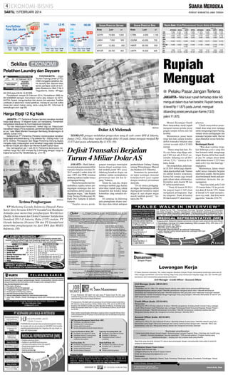 SABTU, 15 FEBRUARI 2014

S AHAM P ENCETAK R UGI

S AHAM P ENCETAK U NTUNG

11.830

KODE

LAST

+/-

KODE

LAST
4.650

1.100

550

GGRM

43.650

700

450

HMSP

69.250

500

UNTR

18.300

325

19.500

1.500

LMSH

7.050

LPPF

13.350

MYOR

28.700

300

YOGYAKARTA - Jogja
Tourism Training Center (JTTC)
UGM menggelar pelatihan bisnis laundry dan daycare atau
taman penitipan anak di kompleks Bulaksumur Blok C No 9
Yogyakarta, Sabtu -Minggu

VP Marketing Garuda Indonesia Djunadi Putra
Satrio (kiri) bersama CEO PT GarudaFood Hardianto
Atmadja usai menerima penghargaan Worldclass
Quality Achievement dan Global Customer Satisfaction
Standard 2013 di Jakarta, Rabu (12/2) malam. PT
Garuda Indonesia (Persero) Tbk dan PT GarudaFood
menerima penghargaan itu dari SWA dan MARS
Indonesia. (30)

11.890
1.515
10.600
9.365
19.000
11.600
3.550
16.175

12.160
1.250
10.015
9.510
19.470
10.301
3.112
13.123

SUPIT

11.860
1.525
10.670
9.380
19.530
11.530
13.050
3.560
16.220

JUAL
MITRA

11.860
1.530
10.600
9.400
19.300
11.400
3.575
16.150

ARTAMAS

11.1975
1.550
10.740
9.345
19.800
11.700
3.650
16.325

NIAGA

12.200
1.252
10.057
9.550
19.475
10.450
3.154
13.170

SUPIT

MITRA

11.980 11.975
1.560
1.570
10.800 10.750
9.480
9.475
19.950 19.750
11.770 11.700
13.420
3.650
3.635
16.390 16.350

JAKARTA - Nilai tukar rupiah terhadap dolar AS
menguat dalam dua hari terakhir. Rupiah berada
di level Rp 11.875 pada Jumat, menguat
dibanding posisi penutupan Kamis (13/2)
yakni 11.970.

Harga Elpiji 12 Kg Naik

SM/Antara

US$
HK$
AUS
SIN
DEM
Stg
NLG
Yen 100
SwFr
Frc
Myr
Eur

NIAGA

● Pelaku Pasar Jangan Terlena

(22-23/2) pukul 09.00-16.30 WIB.
Pendaftaran sampai 20 Februari 2014. Pendaftaran SMS ke
08122698965 dengan menuliskan nama atau telepon ke 0274543704. Syarat, mengumpulkan foto ukuran 3x4 selembar. Fasilitas
certificate of attainment, modul pelatihan, training kit, dua kali coffee
break dan sekali makan siang, serta ruang ber-AC. Informasi di
www.jttcugm.com. (sgt-29)

Terima Penghargaan

ARTAMAS

Rupiah
Menguat

Pelatihan Laundry dan Daycare

JAKARTA - PT Pertamina Persero berniat menaikan kembali
harga elpiji tabung 12 kilogram bulan Juli mendatang. Pemerintah
menyatakan keputusan itu murni keputusan korporasi.
“Itu kan keputusan korporasi, sekali lagi ya. Keputusan
menaikkan harga LPG itu korporasi, pemerintah tidak boleh ikut-ikutan ya,” kata Wakil Menteri Keuangan Bambang Brodjonegoro di
Jakarta, Jumat (14/2).
Sebelumnya, PT Pertamina (Persero) merencanakan kenaikan
harga elpiji nonsubsidi tabung 12 kg sebesar Rp 1.000/kg mulai 1 Juli
2014. Direktur Pemasaran dan Niaga Pertamina Hanung Budya
mengaku telah melayangkan surat kenaikan harga elpiji nonsubsidi
ke Menteri ESDM Jero Wacik dan Menteri BUMN Dahlan Iskan.
Dia memaparkan per 1 Juli 2014, Pertamina berencana menaikkan harga Rp1.000 menjadi Rp 6.944/kgkg dengan harga di
tingkat konsumen Rp 106.800/tabung. (J10-79)

BELI

+/-

CTBN

GDYR

VALUTA ASING : KURS PERDAGANGAN VALUTA ASING DI SEMARANG

DolarAS Melemah

SM/Antara

SEORANG petugas melakukan pengecekan uang di cash center BNI di Jakarta,
Jumat (14/2). Nilai tukar rupiah terhadap dolar AS pada Jumat menguat menjadi Rp
11.875 dari posisi sebelumnya Rp 11.970. (30)

Defisit Transaksi Berjalan
Turun 4 Miliar Dolar AS
JAKARTA - Bank Indonesia menyatakan penurunan defisit
transaksi berjalan triwulan IV2013 menjadi 4 miliar dolar AS
atau 1,98% dari PDB, terutama
didukung naiknya surplus neraca
perdagangan barang.
‘’Hal itu bersumber dari bertambahnya surplus neraca perdagangan nonmigas dan menyempitnya defisit neraca perdagangan migas,’’ kata Kepala
Grup Neraca Pembayaran BI,
Endy Dwi Tjahjono di Jakarta
kemarin.
‘’Surplus neraca perda-

gangan nonmigas meningkat
karena ekspor nonmigas kembali tumbuh positif 38% (yoy),
didukung kenaikan ekspor ma
nufaktur sejalan meningkatnya
permintaan dari AS dan Jepang,’’katanya.
Selain itu, kata dia, ekspor
nonmigas tumbuh juga karena
nilai tukar rupiah yang cukup
kompetitif dan koreksi harga
komoditas yang semakin terbatas.
Di samping itu didorong
pula peningkatan ekspor sumber daya alam terkait antisipasi

pemberlakuan Undang Undang
tentang Pertambangan Mineral
dan Batubara (UU Minerba).
Sementara itu, pertumbuhan impor nonmigas mencatat
kontraksi 6,6% (yoy) sejalan
dengan moderasi permintaan
domestik.
‘’Di sisi neraca perdagangan migas, berkurangnya defisit
dipengaruhi turunnya impor
migas di saat ekspor migas
masih tumbuh positif,’’ katanya.(bn-79)

Menteri Keuangan Chatib
Basri menyatakan, meski rupiah
menguat namun pelaku pasar
jangan sampai terlena atas hal
tersebut.
Menurutnya, pasar harus
tetap hati-hati sampai kondisi
defisit transaksi berjalan atau
current account deficit (CAD)
normal.
‘’Harus tetap hati-hati. Policy-nya harus tetap dijaga sampai CAD-nya ada di level sustainable. Sekarang over all 2013
sekitar 3,2%,’’ katanya di Jakarta, Jumat.
Dia menjelaskan, pada kuartal II-2014 defisit juga diperkirakan akan kembali naik. Namun
itu adalah kondisi sementara,
karena hal serupa juga terjadi
pada tahun-tahun sebelumnya.
Kemudian pada kuartal III dan
IV defisit kembali turun.
‘’Nanti di kuartal II-2014
itu jangan kaget CAD akan
mengalami peningkatan. Tapi
itu temporer. Nanti di kuartal
III dan kuartal IV akan turun,’’

jelasnya.
Chatib menyatakan pemerintah akan tetap terus menjaga
untuk mengurangi impor barang,
sampai neraca perdagangan dan
transaksi berjalan stabil. Hal ini
akan dilakukan secara berkelanjutan.
Berdampak Buruk
‘’Kita akan continue terapkan beberapa policy yang kita
buat kemarin untuk mengurangi
impor. Karena defisit kan masih
di atas 3% sampai situasi lebih
stabil dalam kisaran 2-2,5% baru
nanti policy-nya kita buat lagi,’’
ungkapnya.
Menurutnya, dalam situasi
stabil neraca transaksi berjalan
tidak harus surplus. Hal itu justru
akan berdampak buruk pada pertumbuhan ekonomi dan pengangguran.
‘’Saya kira tidak perlu CAD
1% karena kalau 1% itu growthnya akan di bawah 5,5%. Kalau
di bawah 5,5% nanti unemployment-nya naik. Jadi kita mesti
jaga terus,’’kata dia. (J10-79)

 