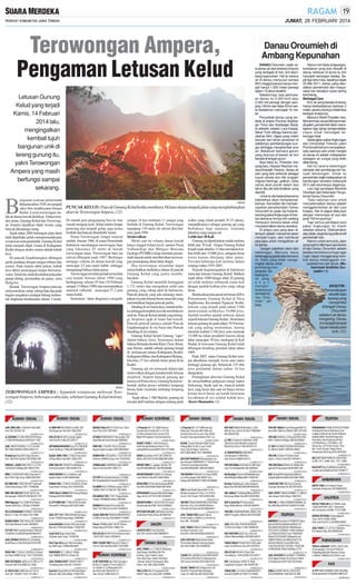 JUMAT, 28 FEBRUARI 2014

Terowongan Ampera,
Pengaman Letusan Kelud

Danau Oroumieh di
Ambang Kepunahan
DANAU Oroumieh, salah satu danau air asin terbesar di dunia
yang terdapat di Iran, kini diambang kepunahan. Hal itu karena
air di danau menyusut sampai
80% hingga luasnya hanya menjadi hanya 1.000 meter persegi
dalam 10 tahun terakhir.
Sebelumnya, luas permukaan danau itu 5.200 km2 atau
2.000 mil persegi dengan panjang 140 km dan lebar 55 km serta kedalaman mencapai 16 meter.
Penyebab danau yang terletak di antara Provinsi Azerbaijan Timur dan Azerbaijan Barat,
di sebelah selatan Laut Kaspia,
dekat Turki diduga karena perubahan iklim, irigasi yang makin
banyak dari lahan pertanian di
sekitarnya, pembendungan sungai sehingga menghambat arus
air. Bebatuan bersalut garam
yang dulunya di bawah air kini
berada di tengah gurun.
Atas fakta itu, Presiden Iran
yang baru, Hassan Rauhani merasa khawatir. Karena, danau air
asin yang dulu terkenal sebagai
tujuan wisata dan titik singgah
migrasi flamingo, pelikan, serta
camar akan punah dalam dua
tahun jika tak ada tindakan yang
diambil.
Untuk itu dia berjanji bersama
kabinetnya akan menyelamatkannya. Kemudian dia mempercayakan penyelamatan Danau
Oroumieh itu pada Isa Kalantri,
seorang pakar lingkungan di Iran.
Isa bersama timnya kini sedang
menyusun rencana besar untuk
menyelamatkan danau tersebut.
Di antara cara yang akan ditempuh adalah menyemai awan
menjadi hujan, dan membuat
pipa-pipa untuk mengalirkan air
ke danau.
”Jangan salahkan alam dan
kekeringan. Manusia harus
bertanggung jawab atas bencana
ini. Kami yang telah mengeringkan danau untuk
pembangunan
yang lain. Sekarang kami yang
a k a n
menghidupkannya
kembali Danau Oroumieh,” janjinya.

Letusan Gunung
Kelud yang terjadi
Kamis, 14 Februari
2014 lalu,
mengingatkan
kembali tujuh
bangunan unik di
lereng gunung itu,
yakni Terowongan
Ampera yang masih
berfungsi sampai
sekarang.
SM/dok

PUNCAK KELUD :Puncak Gunung Kelud ketika membara. Di latar depan tampak jalan yang menghubungkan
akses ke Terowongan Ampera. (12)
Di situlah para pengunjung bisa ke luar
masuk menguji nyali. Selain minim lampu
penerang dan tampak gelap, juga terasa
lembab dan banyak ditumbuhi lumut.
Nama Terowongan Amper muncul
setelah letusan 1966, di mana Pemerintah
Indonesia membangun terowongan baru
yang lokasinya 45 meter di bawah
terowongan lama. Terowongan baru ini
selesai dibangun pada 1967. Berfungsi
menjaga volume air danau kawah yang
mencapai 2,5 juta meter kubik, sehingga
mengurangi bahaya lahar panas.
Terowongan tersebut pernah tersumbat
saat terjadi letusan tahun 1990 yang
berlangsung selama 45 hari (10 Februari
sampai 13 Maret 1990) dan memuntahkan
material vulkanik mencapai 57,3 juta
meter kubik.
Sementara lahar dinginnya mengalir

SM/dok

TEROWONGAN AMPERA : Sejumlah wisatawan melewati Terowongan Ampera, beberapa waktu lalu, sebelum Gunung Kelud meletus.
(12)

RUMAH DIJUAL
JUAL:RMH,HM JL.BADAK III/46 SMG
Hub: 081 229 041 04
01A28B141CK-2

JL:GUDANG DI LING.INDUSTRI,FBang
LT.600 HM BbsBanjir.087832211189
01A28B141CK-2

JUAL: MEDITERANIA LT.272 LB.400
5KT 3KM,4400W.H.0856.3003.213
01A28B141TT-2

PindahLuar Kota,Mrh,Strgs.Semeru
Dlm. 364/2OO.CptDpt*O81328557361
01972022014-2

PINDAH L.JAWA RMH HM 2 LT,LT/LB.
150/250,675JtNego.081 8059 57501
01A28B141CK-2

RMH LT/LB220/220 HM Jl.Kauman VI
No.2 Plbn Pdgn Smg. 085876387000
01A28B141CK-2

BU.RMH HM LT200/180 4KT FasKmplt
Jl.Kenconowungu V/30 T.70385669
01A28B141GM-2

RMH HM,200/120 POJOK.3KTdr.Grs
Sampangan.70363781/081901077797
01981022014-2

RMH Ngesrep Tmr Lt356,Rmh Banyu
manik Lt426 Hrg 1,2M Ng:70195656

RUMAH DIJUAL
JL RMH HM REJOSARI,List 900, 3KT
Full Bangunan Hub.024 7068 2583
01976022014-2

ERA ATLAS 8418413.Jangli Jupiter
140/150,4KT/ 085.879.323217
01A28B141TT-2

HM MANGUNSRASRI Gng Pti LT88 2KM
Hook PgrKllng 175Ng.081390338822
01A28B144PK-2

DIJUAL RMH+TNH LT726m2,Hrg 3Jt/m
Jl.Raya Mijen.Hub:0821 3590 2225
01895022014-2

RMH T60/120 T42/90 PrmAfaKlipang
Permai,bs Kredit.T:081325481419

01968022014-2

RUMAH BARU T60/136m2,3KT,2KM DP
35Jt Spek Mewah Granit:70409034
01982022014-2

C21TOP RMH UsahaSmbodro PdkIndrt
Lt192HM1,5Lt950JtPeter0816654475
01968022014-2

JUAL:RUMAH MINIMALIS,Jl.Ketileng
IndahRaya.Ls105(DlmKota)70412228
01966022014-2

RUKO HM LT13Om2,LB18Om2.Jl.Banaran Raya UNNES Smg *O24-7O2O4O5O
01972022014-2

RMH SETENGAH JADILs174,TNH Ls177
di Candi Golf.Hub:0888.257.2638.
01A28B141CH-2

JL.RAYA LIGU 1086,Ruko 2LT 6x13
Hub: 081 129 9877/ 024-70110611
01A28B141TT-2

RUMAH DIJUAL
MURAH,Ruko 2LT Di TUGU Hny 750Jt
Hub:P.Kus 024-70875061
01982022014-2

ISTANA MONGINSIDI Pedurungan T50
Spek Mewah Granit Kanopi70880055
01982022014-2

RMH HM LT/LB:65/130,2Lt,Kp.Kalilangse-Gajahmungkur.081548555944

RUMAH KONTRAK
Li Property 081 127 4900 HannaLi
Srondol Bumi Indah 4KT+1=37,5Jt
G.Padma:Adenia 35Jt, Avonia 22Jt
Mjpht:RK SakaSq110Jt,Gardenia25J
01A28B141GM-4

DKONT 2 KIOS (L.4x6)Tertutup (L.
4x6)Terbuka,Banjarsari No.51 Tem
balangDktKampusUNDIP-08112710366

01838022014-2

RUMAH HM 1OO%BARU LT/LB:12O/12O
Patemon UNNESS Smg. Hub:7O2O4O5O

01976022014-3

SEWA Kuala Mas 4/191,3KT,2KM,Tkt
&Baru.081228123190-085876614848

01972022014-2

TEMBALANG HARMONI Dekat UNDIP
Sisa 5 Unit.Hub:024-70657111

01A28B141TT-2

DIKONT RMH JL.Jagalan Tgh No.187
Hub:081802498326 / 087832088989

01971022014-2

RUKO MURAH 2Lt,Jl.Jatiluhur-Jati
ngaleh,Dekat Tol.081548555944
01837022014-2

RUMAH HM LT:184m2,LB:5Om2.Jl.Ram
butan Barat 16 Smg. Hub:7O2O4O5O
01972022014-2

TOKO 30m2+TANAH HM,Pucang Gading
Strategis.081901388084
01A28B141AL-2

JL CPT:RMH HM LT168 LB120 Gombel
PermaiVII/179FasLkp.081328312084

01982022014-2

VILLA GEDAWANG PERMAI T.38 SHM,
Blok A-11 Hub: Ph.(024)-70217889

sampai 24 km melintasi 11 sungai yang
berhulu di Gunung Kelud. Terowongan
sepanjang 110 meter itu selesai direvitalisasi pada 1994.
Stratovulkan
Meski saat ini volume danau kawah
hanya tinggal kolam kecil, namun Pusat
Vulkanologi dan Mitigasi Bencana
Geologi (PVMBG) tetap meminta pemerintah daerah untuk membersihan terowongan penampung aliran lahar dingin.
Jika terowongan tersumbat dapat
menyebabkan timbulnya danau di puncak
Gunung Kelud yang justru membahayakan.
Gunung Kelud memiliki ketinggian
1,731 meter dan merupakan salah satu
gunung yang cukup aktif di Indonesia.
Puncak-puncak yang ada sekarang merupakan sisa dari letusan besar masa lalu yang
meruntuhkan bagian puncak purba.
Dinding di sisi barat daya, runtuh terbuka sehingga kompleks kawah membuka ke
arah itu. Puncak Kelud adalah yang tertinggi, berposisi agak di timur laut kawah.
Puncak-puncak lainnya adalah Puncak
Gajahmungkur di sisi barat dan Puncak
Sumbing di sisi selatan.
Gunung Kelud berarti Gunung "sapu"
dalam bahasa Jawa. Sementara dalam
bahasa Belanda disebut Klut, Cloot, Kloet,
atau Kloete, adalah sebuah gunung berapi
di perbatasan antara Kabupaten Kediri,
Kabupaten Blitar, dan Kabupaten Malang ,
kira-kira 27 km sebelah timur pusat Kota
Kediri.
Gunung api ini termasuk dalam tipe
stratovulkan dengan karakteristik letusan
eksplosif. Seperti banyak gunung api
lainnya di Pulau Jawa, Gunung Kelud terbentuk akibat proses subduksi lempeng
benua Indo-Australia terhadap lempeng
Eurasia.
Sejak tahun 1.300 Masehi, gunung ini
tercatat aktif meletus dengan rentang jarak

01A28B141CK-2

JUAL CPT RMH TMN SERUNI Sendangmulyo T36/80,Harga Nego.70380426
01915022014-2

SuhadaRy50m drArteri100%baruSpek
Mewah Lt130Lb50,450jtn.T70367979
01A28B141CN-2

Candi Golf Bagus Siap Pakai,
Jl.Badak Jalan Lebar. 70169795
01A28B141GM-2

Rmh Type 50 depan VillaTembalang
hg.350jt nego.T:085642844644
01A28B141CN-2

SINGOSARI 3LT, 350m2 / 850an
Hub: 089667807074, Broker OK

01974022014-2
01982022014-2

C21TOP RmhUsaha Kaliwiru Lt135M2
4Kt SmgAtas650Jt Peter0816654475
01968022014-2

PrmMRH Disc15JtPedurungan,T40/71
T40/85,T40/119,T60/167:70519935
01982022014-2

ERLANGGA TGH LT431;Telaga Bodas
Yoelan:70456685/Infinite:7602299
01967022014-2

RUMAH Minimalis Di Srondol Dkt
ADA,T70/126m2.Hub:024-70409034
01982022014-2

DIJUAL RMH HM PONDOK INDRAPRASTA
Lt168m2,Fas.Lkp.Hub:085641123966
01826022014-2

Perum TEMBALANG,T36 DP 20Jtan
Bebas Biaya KPR:024-70682119
01982022014-2

ERA ATLAS 8418413.Rmh Banyumanik
140/70,2KT.Danni 70353614
01A28B141TT-2

RMH TUSAM TMR Bmanik,S.Pakai,LT.
155 LB.185,Hrg760Jt.085712070288
01A28B141CK-2

** RUMAH KONTRAK **
RUMAH KONTRAK

01A28B141TT-2

JUAL RUMAH KOST TINGKAT KM 17
Tembalang Sltn Hub:081 129 0631
01A28B141PT-2

Supriadi SingaUtrRmh100%BaruSpek
Mewah.Lt85,Lb40,400jtn.T70367979
01A28B141CN-2

Jl.MT HARYONO dpn Sek.Karangturi
6x35x1LT;Stadion Timur 6x30x1LT
& 10x30x1LT;Jl.Mojopahit 87A
dpn BCA,sblh Alfa 8x22x1LT
Hub: Simon 0 8984 6543 31
01A28B141TT-5

DIKONTRAKKAN RUMAH di Jl.Seroja
Luas 400m2,Hub:0813 9084 6698
01887022014-2

SEWA RMH Jl.Permata Kenanga M209
Hub:081226018290-085876614848
01A28B141TT-2

DISEWAKAN RuanganUtkUshStrategis
Pggr Jln Ry:70774141/08122935651
01966022014-2

DIKONTR:RMH JL.M.SUYUDI 55 Cocok
U/Usaha,Kantor/RM.T.024-91006263
01A28B141CK-2

OPR KONT/KRJSM JatiRyBnymnk,Strg
3x20(20Jt/Th)AC,N.Box.0816667031
01968022014-2

** SALON **
SALON

waktu yang relatif pendek (9-25 tahun),
menjadikannya sebagai gunung api yang
berbahaya bagi manusia, terutama
laharnya yang sangat cair.
Lebih dari 30 Kali
Gunung ini diperkirakan sudah meletus
lebih dari 30 kali. Erupsi Gunung Kelud
terjadi sejak abad ke-15 dan memakan korban lebih dari 15.000 jiwa, sebagian besar
tewas karena diterjang lahar panas.
Tercatat beberapa kali meletus dalam
rentang waktu 1919-2007.
Sejarah kegunungapian di Indonesia
mencatat letusan Gunung Kelud. Bahkan
sejak tahun 1000 hingga abad 20 gunung
ini telah meletus sebanyak enam kali
dengan jumlah korban jiwa yang cukup
besar.
Berdasarkan data pusat informasi di Pos
Pemantauan Gunung Kelud di Desa
Sugihwaras, Kecamatan Ngancar, Kediri,
letusan yang terjadi pada tahun 1586
menewaskan sedikitnya 10.000 jiwa.
Jumlah tersebut adalah terbesar dalam
sejarah letusan Gunung Kelud. Sementara
letusan gunung itu pada tahun 1919 termasuk yang paling mematikan, karena
menelan korban 5.160 jiwa serta merusak
15.000 ha lahan produktif karena aliran
lahar mencapai 38 km, meskipun di Kali
Badak di kawasan Gunung Kelud telah
dibangun bendung penahan lahar tahun
1905.
Pada 2007, status Gunung Kelud sempat dinaikkan menjadi Awas atau status
tertinggi gunung api. Sebanyak 135 ribu
jiwa penduduk dalam radius 10 km
diungsikan.
Peningkatan aktivitas Gunung Kelud
itu menyebabkan pelepasan energi makin
berkurang. Sejak saat itu, muncul kubah
lava yang besar dan saat ini hanya tersisa
kolam kecil berisi air keruh berwarna
kecoklatan di sisi selatan kubah lava.
(Kawe Shamudra-12)

TANAH DIJUAL
Li Property 081 127 4900 HannaLi
Setiabudi: Potrosari HM 1000=5Jt
Srondol:View Gun+Laut1.2ha=350rb
Srondol:TanjungsrAreaKos750=1,5J
01A28B141GM-4

DIJUAL Tanah AnSendiri BSB Taman
Pelangi Blok C2 No.3 Luas 12x20
Hrg:2,2Jt/m2 Nego. Hub:Ferry
0813 2602 8888 / 024-70992888
01853022014-4

KAV SIAP BANGUN DiSampangan Lok.
Dpn Kampus UNWAHAS LT:145m2 Hrga
2,5Jt/m2 Cocok Buat Kos2tan.
Hub:08156504596 / 082220108007
01982022014-4

TNH MURAH 428m&411m Hrg:3,650jt
/m Jl.Nirwanasari Dkt UNDIP Tembalang.081329456377/085726766889
00905022014-3

TNH Graha Mukti Utama 50m Dr Jln
Woltermonginsidi P.25xL.15=375m2
Lbr Jln 10m Pojok.T:081325647280
01982022014-3

TNH HM 6700m2,NGANTONG,STRATEGIS
Dkt Pintu TOL,Cck U/SPBU/RS/Kntr
Jl.Durian Ry Bnymnk.081328645541
01906022014-3

JUAL TANAH HGB daerah Elite di
Green Candi Ls=438m2 (±14mx31m)
Hub: 081.128.9089
01A28B141TT-3

LOUISTA SPA Grand Opening
Disc 30% All Item:085799940679
01982022014-2

** TANAH DIJUAL **
TANAH DIJUAL
JUAL TANAH Ls=7.230m2 32Kavling
Siap Bangun Sertifikat Sdh Per
Kavling, (Jual I Paket) Lokasi:
Tepi Jalan Raya, Dalam Kota Boja
- Kendal. Sistem Pembayaran Bisa
Diatur. Hub: 085 2286 40 898
01A28B141GM-6

TNH Ls759 HM,Jl.TnjungsariII Dkt
UNDIP Tblg,Cck u/Kost 0811280886
01956022014-2

JUAL TANAH 2000m2 40x50m Pinggr
Jln Raya Pramuka 1,2/m.
Hub:024-70401044/085225658703
01982022014-3

JUAL KAVLING Bebas Banjir,Dekat
Perumahan Mewah.Hubungi Segera:
024-40101888 / 024-50382852

TANAH DIJUAL
KAV SIAP BANGUN BukitSari L.200600m2 Hny 2Jt/m2.Hb:024-70882090
081326522226
01982022014-3

JL:TNH Jl.Sukarno Hatta(Dpn USM)
320m2(4,5Jt/m)Woltermonginsidi
824m2(3,5Jt/m).T:081325516112
01982022014-3

JL.INDRAPRASTA HGB/400m
Lempongsari II HM/235m
Hub: Simon 0 8984 6543 31

01A28B141AL-3

01964022014-3

DIJUAL TANAH HM Jl.Nogososro Uk:
45x45m2 Pojok,Bs Beli Setengah,
Lebar Jln 10M.Hub:081325647280
01982022014-3

TANAH DIJUAL
TNH HM 1400m2 Smg-MranggenKM12,6
Kws BSB 1600m2,2000m2.0811297346
01A28B141GM-2

TNH HM 20500m2,Jl.RayaJEPARA-KDS
KM17 350rb/m2/Nego.082226789944
01909022014-2

JL TNH KLIPANG PESONA ASRI3 Blok
G L380m2 SHM.T:082326149507
01A28B144SL-2

TNH HM Jl.Guitar III,Graha Candi
Golf,Ls:153m2.Hub:024-70444071

01A28B141TT-3

TNH HM 3600m GnPati&Tnh 480 View
Laut TmnSriRejekiSltn.0818490302
01A28B141GM-2

KavSiapBgn Plamsari4DktMallKamps
StifarBbsBjrDr80jtan085712058194

01948022014-2

TNH HM 850m2 200mtr dr Wolter Mo
nginsidi Pedurungan.087832687199
01A28B141CN-2

KAV StrtgsDktPsrBojaCash35jtKrdt
Dp2jtAng850rbx60Bln:081326218282

01966022014-2

Kavling SiapBangun,Lerep Ungaran
Barat.Hub:0818455266/0816642402

01966022014-2

5 KAVLING TNH HM Jln bsr,bbs bjr
Ling.bgs Ganesha Utr.08122910525

01982022014-2

HM ±400m2 75Jt(Nego)Blkng SDN 01
Wonolopo Mijen Hub:081225225959
01960022014-2

KAP di Amb Kot DP 5jt bs dicicil
Angs.300rbx60 bln.T:081901856344

01A28B141TT-2

JUAL CEPAT TANAH GOMBEL LT.406m2
view harga 2,6jt/m Nego.70367979
01A28B141CN-2

TNH HM Ls.166m2,DiBANYUMANIK,Jln
Pav,Mbl Msk,081542143593/7613492

01971022014-2

TNH HM Jl.BURANGRANG JANGLI,Dkt
UNDIP SmgSlt,Lt485m2.08122816981
01828022014-2

JUAL KAVLING+POHON SENGON,
LT324m2,Di Mijen.T.082135902225
01893022014-2

KAV SIAP BGN 30Jtn,Pgr Jl Ry Cck
u/Ruko MetesehMijen-087832534979
01847022014-2

TANAH 300m2 PAGAR KELILING,Jalan
Lebar CandiPawon Hub.024 7623019
01976022014-2

TnhHM 295 sd3000m2,blk SPBUUNDIP
JlTrtoUsdo,HM,230m2 Jl.Mulwarman
SltII smua Ccku/Kos-081225676709

EKSOTIK :
Pemandangan
eksotik batu
karang yang
menyembul
di tengah Danau
Oroumieh
sebelum air danau
mengering. Danau
ini menjadi tempat
tujuan wisata para
turis. (12 )

SM/dok

B

angunan warisan pemerintah
Belanda tahun 1926 ini menjadi
saksi bisu kedahsyatan letusan
Kelud. Lewat terowongan itulah air danau kawah dialirkan. Dalam kondisi aman, Gunung Kelud dan Terowongan Ampera dijadikan objek wisata, yang
banyak dikunjungi orang.
Sejak tahun 2004 hubungan jalan darat
telah diperbaiki untuk mempermudah para
wisatawan serta penduduk. Gunung Kelud
telah menjadi objek wisata di Kabupaten
Kediri dengan atraksi utama adalah kubah
lava.
Di puncak Gajahmungkur dibangun
gardu pandang dengan tangga terbuat dari
semen. Pada malam akhir pekan, kubah
lava diberi penerangan lampu berwarnawarni. Selain itu, telah disediakan pula jalur
panjat tebing, pemandian air panas, serta
flying fox.
Bentuk Terowongan Ampera terkesan
menyeramkan, mirip tebing batu dan pada
bagian tengahnya terdapat lubang berbentuk lingkaran berdiamater sekitar 3 meter.

Namun kini fakta di lapangan,
keindahan yang dulu eksotik di
danau terbesar di dunia itu kini
hanyalah kenangan belaka. Sejak tiga tahun lalu, tepatnya sejak
25 Mei 2011, danau yang diandalkan pemerintah dan masyarakat Iran tersebut nyaris kering
kerontang.
Berbagai Cara
Kini, air yang berada di danau
hanya berkedalaman berkisar 2
meter, perahu kecil pun tidak bisa
berlayar di atasnya.
Menurut Wakil Presiden Iran,
Mohammad Javad Mohammaddizadeh, pemerintah telah menetapkan tiga tahap pengendalian
cuaca untuk mencegah kekeringan total.
Sedangkan pakar lingkungan
dari Universitas Teheran yakni
Prof Ismail Karham menyatakan,
satu-satunya cara untuk mengisi
air danau ini adalah melepaskan
sebagian air sungai yang telah
dibendung.
Hal itu karena kekeringan
dampak dari pembangunan banyak bendungan. Untuk itu
pemerintah wajib melepaskan air
bendungan tersebut sebanyak
20 % dari volumenya,í tegasnya.
Lain lagi pendapat Mostafa
Ghanbari dari Kelompok Penyelamat Danau Oroumieh.
”Satu-satunya cara untuk
menyelamatkan danau adalah
menggelontorkan air dari Laut
Kaspia. Hal ini dapat dilakukan
dengan memompa air laut dari
jarak 700 km jauhnya.”
Tapi semua pendapat para
pakar lingkungan itu masih
sebatas wacana. Dilaksanakan
atau tidak, tergantung political will
pemerintah Iran.
Namun untuk semua itu, jalan
yang saat ini ditempuh penduduk
di tepi Danau Oroumieh adalah
berdoa meminta turun hujan agar
hujan dapat menggenangi kembali danau kebanggaan masyarakat Iran dan dunia. (Muhammad Andhika Suryaalim-12)

ERA ATLAS 8418413.Dinar Elok
Tembalang L=184m2/085.879.323217
01A28B141TT-2

KAV Siap Bangun SHM Di Wujil
Langensari Ungaran :081326387857
01966022014-2

TANAH HM Ls:3140m2 GUNUNGPATI
Hub:081326081327/087731194087
01820022014-2

01942022014-2

TELEPON
PANDANARAN PHONE SERVICES PROMO
PerbaikanPonsel & Blackberry Cpt
Lngkap & Murah,Up Grade Software
Aplikasi,Mati Total,NoCharge,Key
Pad.Heng, Ganti Cassing,All Item
LCD Blackberry, LCD Nokia, LCD
Samsung, LCD Sony Ericson, Flexi
Bel, Touch Screen, Ready Stock.
Pandanaran 89 Smg.(024)-8447825.
01968022014-9

BELI BB/TAB/iPHONE Pin:24C37E2D
Dr.BB: 7017_4000 / 081_7417_4000
01A28B14BNS-2

Beli/CrHP New/2ndBB/Android/IPad
/LaptpLkp/ScdSglKondTpHr70598777
01966022014-2

*** AMBARAWA ***
AMBARAWA
DIKTR TOKO Jl.B.Sudiarto Pasar
Gamblok-Ambarawa. 081390833322
01A28B146SG-2

*** SALATIGA ***
SALATIGA
ROYAL PABELAN tp 27/38/45 mulai
128jt kredit100% ACC* lok 6menit
dari ramayana hub.085.712151.688
01A28B145SY-3

** TELEPON **
TELEPON
MAKMUR Suyudono 47/3563472.New:
iph4s(4425)5c(6950)5s(8550)Z10/
Q5(3500/3325)9220(1465)M/dual=
2375/2475,C(2950)E=1400/1520dual
L(2700)Go(2250)Z1/Lte=7450/5625
Note3(7675)S4(6275)Mega/Grand
(3895/3195)Core(2460)Ace3(2175)
infinite(1850)S3 mini(2595)Tab3
7/8(3195/4075)P770/780=1750/2760
A1000/3000(1285/2160)Max C/T/V
01A28B141TT-10

JUAL ACESORIS BLACKBERY TERBARU,
&Terlngkap,Ready,SmuaType & Merk
Jl.Pandanaran 89 Ph.024-33134453

GRAHA VETERAN Jl.Karangkepoh
Type: 45/72, 63/84, 64/90
Hub:Jend.Sud 97 Lt.2(0298)328400
01A28B146SG-3

JUAL RUKO 2 LT,Jl.Tmn.Pahlawan
Psr.Blauran Sltg. 081390833322
01A28B146SG-2

*** PURWODADI ***
PURWODADI
"GRIYA LAKSANA" HOTEL (FAST LKP)
Jl.R.Suprapto 116,Tlp.421505-07
R.Meeting/Hall Utk Pameran,2Type
(150M & 180M)Full AC,Parkir Luas
01A28B141CK-4

*** PATI ***

PATI

01968022014-3

DIBELI HP/BB/TAB Pin 32531DD3
(024)70000946 / 085 640 222 999
01967022014-2

JL CPT RMH 29/60M2,SHM.160Jt/Ng
RendoleIndahA1/2Pati085729697237
01A28B144SL-2

 