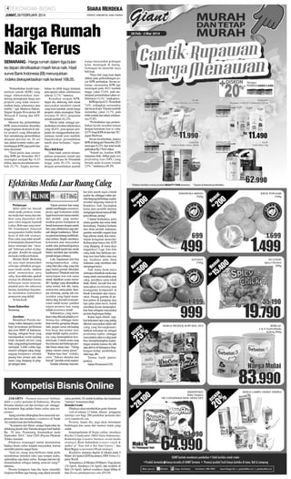 JUMAT, 28 FEBRUARI 2014

Harga Rumah
Naik Terus
SEMARANG - Harga rumah dalam tiga bulan
ke depan diindikasikan masih terus naik. Hasil
survei Bank Indonesia (BI) menunjukkan
indeks diekspektasikan naik ke level 168,05.
“Pertumbuhan kredit kepemilikan rumah (KPR) yang
tinggi dikhawatirkan mendorong peningkatan harga aset
properti yang tidak mencerminkan harga sebenarnya atau
bubble,” ujar Marlison Hakim,
Deputi Kepala Perwakilan BI
Wilayah V Jateng dan DIY,
kemarin.
Menurut dia, pertumbuhan
KPR mencerminkan dinamika
tinggi kegiatan ekonomi di sektor properti yang diharapkan
ikut mendukung pertumbuhan
ekonomi provinsi ini. Di sisi
lain, dalam konteks makro, perkembangan KPR juga perlu dan
terus dicermati.
“Total posisi atau outstan
ding KPR per Desember 2013
meningkat menjadi Rp 14,53
triliun, atau secara tahunan tumbuh 22,7%. Angka pertum-

buhan itu lebih tinggi daripada
pencapaian tahun sebelumnya
sebesar 12,7%,” tuturnya.
Kenaikan serapan KPR,
lanjut dia, didorong oleh minat
masyarakat membeli rumah
yang terus tumbuh, meski harga
properti selalu meningkat. Pada
triwulan IV 2013, penjualan
rumah tumbuh 18,12%.
“Meski tidak setinggi pertumbuhan triwulan sebelumnya
yang 46,8%, pencapaian penjualan itu menggambarkan permintaan rumah terus tumbuh.
Diperkirakan pertumbuhan
masih akan berlanjut,” tegasnya.
Daya Beli Kuat
Data bank sentral menunjukkan penjualan rumah tipe
menengah di atas 36-70 tumbuh
tinggi, yaitu 39,13%, seiring
dengan pertambahan jumlah

warga masyarakat golongan
kelas menengah di Jateng.
Golongan itu memiliki daya
beli kuat.
“Daya beli yang kuat dapat
dilihat pada perkembangan posisi KPR perbankan. Secara tahunan, outstanding KPR tipe
menengah pada 2013 tumbuh
tinggi, yakni 37,6%, jauh melampaui pertumbuhan tahun sebelumnya 13,1%,” ungkapnya.
KPR tipe kecil 21-36 tumbuh
7,6%, sedangkan outstanding
tipe besar di atas 70 justru tumbuh
melambat, yakni 12,7%, jauh
lebih rendah dari tahun sebelumnya 57,8%.
“Perlambatan laju pertumbuhan kredit tersebut terkait
dengan ketentuan loan to value
(LTV) bagi KPR di atas tipe 70,”
papar Marlison.
Secara keseluruhan, pangsa
KPR di Jateng per Desember 2013
mencapai 8,22% dari total kredit
perbankan Rp 176,61 triliun.
“Sejauh ini, kualitas KPR
terpantau baik, dilihat pada non
performing loan (NPL) yang
berada pada kisaran rendah
2,5%,” tandasnya.(J8-29)

Efektivitas Media Luar Ruang Caleg
Pertanyaan:
Akhir-akhir ini, banyak
sekali media promosi, terutama media luar ruang atau outdoor yang digunakan oleh
para calon anggota legislatif
(caleg). Beberapa yang memiliki kemampuan finansial
menggunakan baliho-baliho
besar di titik-titik strategis.
Para caleg yang tidak memiliki kemampuan finansial besar
hanya menempel dan ‘’merusak’’beberapa pohon di pinggir jalan . Kondisi itu sungguh
merusak estetika perkotaan.
Melalui Klinik Marketing
ini, saya ingin menanyakan
seberapa efektifkah penggunaan media-media outdoor
untuk memasarkan para
caleg. Saya tidak tahu, apakah
strategi itu dilakukan karena
kebiasaan turun-temurun,
ataukah para tim suksesnya
kurang memahami bagaimana melakukan komunikasi
pemasaran yang efektif.
Terima kasih.
Imam Rahardian
Semarang
Jawaban:
Mendekati Pemilu memang waktu datangnya rezeki
bagi perusahaan periklanan
dan print MMT di Indonesia.
Sayang, sebagian besar yang
mendapatkan rezeki kadang
tidak menjadi adviser yang
baik; yang penting keuntungan
melonjak. Lebih celaka lagi,
mindset sebagian saleg menganggap kampanye sekadar
pasang foto, nomor urut, dan
nama yang dipajang di pinggir-pinggir jalan.

Tujuan promosi luar ruang
adalah membangun awareness;
proses agar konsumen selalu
ingat brand name(nama merek)
dari produk, yang memunculkan proses komparasi di
benak konsumen dengan merek
lain yang sebelumnya juga pernah diingat kualitasnya. Misalnya promosi tentang mobil keluaran terbaru. Begitu membaca,
konsumen atau masyarakat
sudah tahu perbandingannya
dengan mobil merek lain; meski
belum membeli atau memiliki,
pernah dengar ceritanya.
Lalu, bagaimana kita bisa
mengomparasikan calegcaleg baru jika caleg yang lain
juga belum pernah diketahui
kualitasnya? Maukah otak kita
menyimpan erat-erat nama
untuk dijadikan acuan memilih? Apalagi yang ditampilkan
sama semua; foto diri, nama,
nomor urut, nama partai. Sampai sekarang, jarang ada masyarakat yang hapal namanama caleg, kecuali secara personal sudah kenal, padahal
tujuan promosi luar ruang
adalah awareness, kenal!
Sebenarnya, yang membuat caleg dikenal adalah positioning-nya, sehingga membuat mereka gampang diingat.
Jadi, jangan cuma memajang
foto besar dan nomor urut,
tetapi berilah tagline positioning yang menunjukkan keistimewaan. Contoh nyata yang
bisa kita tiru dari beberapa produk bisnis antara lain: ‘’Orang
pintar minum (nama jamu)’’,
‘’Bukan basa basi’’ (rokok),
serta ‘’Sukses dimulai dari
bawah’’(produk semir sepatu).
Sampai sekarang masyara-

kat kita masih ingat contoh
tagline itu, sehingga waktu mereka bingung berbelanja, tagline
tersebut langsung muncul di
benaknya. Jadi, bayangkan
kalau para pemilih diminta
mengingat ratusan nama di bilik
pencoblosan, pusing!
Catatan berikutnya, porsi
antara gambar dan nama tidak
berimbang. Padahal berbeda
dari iklan produk makanan;
gambar memiliki magnet kuat
bagi pikiran untuk ikut menyimpan keinginan mencoba!
Kebanyakan hanya foto KTP
yang dipajang; di mana daya
magnetnya? Lagi, foto-foto
caleg tidak bisa berbicara tentang rasa (rasa bakso atau rasa
iga, layaknya pada iklan
makanan yang membuat otak
mengingat terus).
Jadi, kalau Anda tanya
seberapa efektifkah media luar
ruang untuk memasarkan para
caleg, jawabnya sama sekali
tidak efektif, kecuali bisa menancapkan positioning atau
keunggulan komparatif di
benak konsumen atau masyarakat. Pasang gambar di pohon-pohon di kampung atau
tepi jalan-jalan kecil, malah
membuat kesan menjengkelkan buat sebagian masyarakat
pecinta lingkungan hidup.
Kalau ingin efektif, siapkan kekuatan (apa yang paling
dikenal masyarakat dalam diri
caleg yang bersangkutan).
Jadikan kekuatan itu sebagai
positioning tagline, sehingga
masyarakat yakin si caleg pasti
bisa memperjuangkan kepentingan tertentu karena dia ahli
atau aktivis di bidangnya (lingkungan hidup, pendidikan,
olah raga, dll).
Terima kasih partisipasinya.
Salam Pemasaran!(29)

Kompetisi Bisnis Online
JAKARTA - Payment processor berbasis
debit e-wallet pertama di Indonesia, iPaymu
bersama lakubgt.com dan larisbgt.com menggelar kompetisi bagi pelaku bisnis online atau netprenuer.
Ajang tersebut diharapkan bisa mencetak netpreneur baru dan membuat e-commerce di Tanah
Air emakin kuat dan berkembang.
‘’Kompetisi dari Maret sampai September itu
didukung penuh oleh Yamaha dengan total hadiah
Rp 50 juta. Pemenang diumumkan pada
September 2014,’’ tutur CEO iPaymu Pikukuh
Tetuko, kemarin.
Pihaknya terpanggil untuk menularkan
budaya bisnis online kepada masyarakat, karena
memiliki potensi sangat besar.
“Saat ini, orang mau berbisnis tidak perlu
memikirkan membeli ruko atau tempat usaha,
optimalkan saja dunia online. Kenapa internet tak
dimanfaatkan sebagai ladang mencari uang?”
tuturnya.
Peserta kompetisi, kata dia, harus memiliki
imajinasi brillian agar barang yang dijual menarik

calon pembeli. Di sinilah keahlian dan kepintaran
“merayu” konsumen diuji.
Domain Gratis
Pihaknya akan memberikan gratis domain
web.id selama 12 bulan, khusus pengguna
lakubgt.com bagi 200 pendaftar pertama dari
www.rumahweb.com.
Peserta, lanjut dia, juga akan mendapat
bimbingan dan saran dari mentor muda yang
sudah
berpengalaman di bisnis online, misalnya
Riyeke Ustadiyanto (SEO Guru Indonesia),
Kontowiyoga (creative business social media
strategy), Rene Suhardono (career coach &
author of “Your Job is Not Your Career”, dan
Rizal Bigjoy (conversion FB ads strategy).
Roadshow pertama digelar di Jakarta pada 5
Maret di Ciputra GEPI Incubator, DBS Tower, Ciputra World.
Selanjutnya, di Medan (20 Maret), Yogyakarta
(10 April), Surabaya (16 April), dan terakhir di
Bali (24 April). Jadwal roadshow dapat dilihat di
http://www.yamahajawara.com. (F4-29)

 