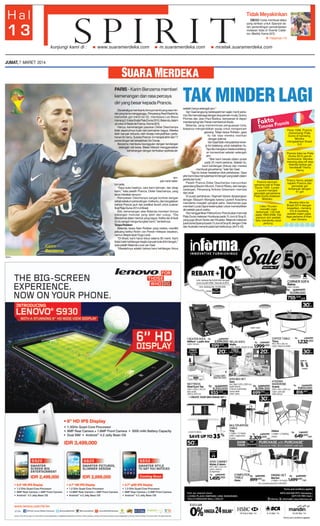 Tidak Meyakinkan
DIEGO Costa membuat debut
yang lamban untuk Spanyol dalam pertandingan persahabatan
melawan Italia di Vicente Calderon, Madrid, Kamis (6/3).

Halaman 14

JUMAT, 7 MARET 2014

PARIS - Karim Benzema memberi
kemenangan dan rasa percaya
diri yang besar kepada Prancis.
Dia sekaligus membantu timnya membuang rasa minder yang lama mengganggu. Penyerang Real Madrid itu
mencetak gol menit ke-32, membawa Les Bleus
menang 2-0 atas finalis Piala Dunia 2010, Belanda, dalam
uji coba di Stade de France, Kamis (6/3).
Hanya, kemenangan pasukan Didier Deschamps
tidak sepenuhnya buah dari permainan bagus. Mereka
lebih banyak terbantu oleh kinerja menyedihkan pertahanan tim tamu. Sukses Prancis ini menjadi akhir dari 17
pertandingan tak terkalahkan De Oranje.
Benzema membuka keunggulan dengan tendangan
setengah voli keras. Blaise Matuidi menggandakan
kemenangan dengan tembakan spektakuler

empat menit sebe-

Karim
Benzema
SM/rtr

lum jeda.
“Saya suka hasilnya, cara kami bermain, dan sikap
kami,” kata pelatih Prancis, Didier Deschamps, yang
terus menebar senyum.
Pernyataan Deschamps sangat kontras dengan
sehari sebelum pertandingan. Ketika itu, dia mengatakan
bahwa Prancis jauh dari predikat favorit untuk putaran
final Piala Dunia 2014 di Brasil.
Kini, kemenangan atas Belanda memberi timnya
sokongan motivasi yang lebih dari cukup. “Dia
(Benzema) dalam bentuk yang bagus. Ketika dia di level
ini, itu sangat menguntungkan kami,” tambahnya.
Tanpa Robben
Belanda, tanpa Arjen Robben yang cedera, memiliki
peluang ketika Robin van Persie melepas sepakan,
namun ditepis kiper Hugo Lloris.
“Di Brasil, kami harus fokus selama 90 menit. Kami
tidak boleh kehilangan begitu banyak bola di lini tengah,”
kata pelatih Belanda Louis van Gaal.
“Masalahnya adalah bahwa kami kehilangan fokus

TAK MINDER LAGI
setelah hanya setengah jam.”
Van Gaal langsung bereksperimen sejak menit pertama. Dia memulai laga dengan dua pemain muda, Quincy
Promes dan Jean-Paul Boetius, beroperasi di depan
mendampingi Van Persie membentuk trisula.
Belanda, yang mendominasi penguasaan bola,
biasanya mengandalkan sayap untuk mengancam
gawang. Tetapi tanpa Robben, gaya
itu tak bisa mereka mainkan
dengan optimal.
Van Gaal tidak menyalahkan kinerja lini belakang untuk kekalahan itu.
Tapi dia mengakui mereka kehilangan konsentrasi setelah setengah
jam.
“Bek kami berada dalam posisi
pada 25 menit pertama. Setelah itu,
kami kehilangan (fokus) dan mereka
membuat gol pertama,” kata Van Gaal.
“Tapi itu bukan kesalahan blok pertahanan. Saya
pikir kami bisa menyalahkan lini tengah yang kalah dalam
perebutan bola.”
Pelatih Prancis Didier Deschamps menurunkan
gelandang Bayern Munich, Franck Ribery, dari bangku
cadangan. Penyerang Antoine Griezmann memulai
dari awal.
Di pusat pertahanan, Raphael Varane dipasangkan
dengan Eliaquim Mangala karena Laurent Koscielny
menderita masalah pangkal paha. Deschamps juga
memberi Lucas Digne kesempatan untuk membuktikan
diri setelah paruh waktu.
Dia menggantikan Patrice Evra. Prancis akan memulai
Piala Dunia melawan Honduras pada 15 Juni di Grup E,
yang juga dihuni Swiss dan Ekuador. Belanda melawan
juara dunia Spanyol pada 13 Juni di Grup B, dengan Chile
dan Australia menanti pada hari berikutnya. (rtr,F3-43)

 