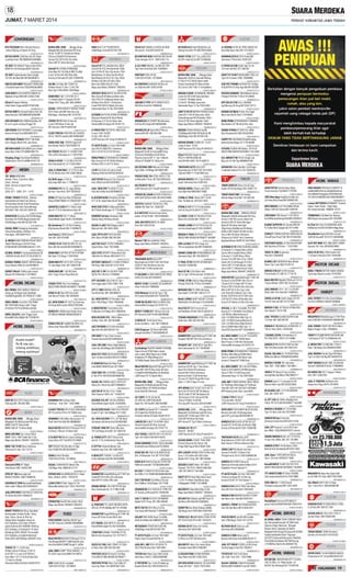 JUMAT, 7 MARET 2014

LOWONGAN
BTH POCOKAN Wnt u/bersih2&nyuci
u/Kost.Dtg lsg Jl.Depok 32 Smg
01A07C141TT-2

BUTUH SOPIR L300 Box,Sim B1,Pglm
LuarKota.Hub:70678889/0818295969
00354032014-2

CR SGR TKG BUBUT Pglmn.Hub:(024)
6592161 d/a KarangrotoRt1/2Genuk
00333032014-2

CR SGR TngSerabutan Salon,Single
Tdr Dlm,Bs Naik Mtr.081904385670

BURSA MBL DIAN ......Minggu Buka
Majapahit35,95 &Supriadi 60 Smg
Terios TX MT'07 Adventure Hitam
2Taruna FGX&FX'04 Istimewa
Taruna FGZ EFi'01/02 Ors Antik
Sirion MT'07 Silver,Nol Spet
01A07C14GRA-6

XeniaXI'11 HITAM.ISTMW.88jt
Gran Max PU'10=55jt & MB'12=89jt
Luxio'10 Slvr,AC Dbl,VRac,92jt
Kurnia,Jl.Pemuda107,024-70208788

00395032014-2

DIBUTH SGR:BBRP PENJAHIT PENGLMN
u/Tas&Dompet.Hub:70233492(NoSMS)
01A07C141CK-2

CARI:KARY/I UTK KONTER SNACK DI
Ngaliyan Smg.SMS:0813 2832 2198
01A07C141PT-2

DiCari:2 Kapster Wanita
Liliek Salon Ungaran085727667498
00399032014-2

BUTUH ADM Bs Komptr,Pglmn,Sim C&
Sales Kanvas.70678889/0818295969

00398032014-4

Sdr Mtr: Dr.Cipto 88-T:3567151
All New Xenia'11 Slvr 1.3 AC Dbl
Blwr,Tgn1 DrBr,PjkBr,135Jt/Nego
01A07C14WWS-3

GRAN MAX 1.3/ 1.5 PU'08,10,11
1.3 Dobel Cabin'11,Espass PU'05
Badak VIII/7 Smg, 081 390 236464
01A07C141CK-3

DIJUAL: OPER KREDIT TERIOS TX/MT
2012 Pearl Jok MB-Tech Acc Lkp
85jt Nego. Hub:Budy 08112707227

00354032014-2

DCR KRYWATI Min.SMA/Sdrjt,Max.30
th.Lmr Lsg ke Jl.Gang Pinggir 20
01A07C141AL-2

DIBTUHKAN SGR KRYWN/Ti.(Lowongan
Semua Posisi).Hub:089 8900 0371
00125032014-2

DIBTHKAN:TENAGA PAYET Utk Butik
Lam: Mugas Barat IV/9, Jam Kerja
00388032014-2

DBTHKN KURIR DOKUMEN,Lam:Jl.Banteng Utara 4 No.2,Ph:08881665718
00342032014-2

Hongkng,Singp TaiwnSparPartMobil
SeleksiUser:10/3/14=089678187778
00388032014-2

00367032014-3

TERIOS TX'12 Putih H istw skl
Luxio X'09 Silver H istw skl
MT Haryono 766 Ph.8452184
01A07C141TT-3

CLASY PRO'94 HTM.ORS.AC.F.AUDIO.
VR.CL.PW.PS.IstwKrd.081328954097
00398032014-2

XENIA DISC 30jt ,TERIOS Ags2,9JT
Ayla Ready Stock.T:02470298719
01A07C141CN-2

BU:TERIOS TX ADV'11 HITAM.TGN1.
Hub:Jl.Brumbungan no.7-70247250
00398032014-2

XENIA R ATIVO '11/12 MT,H,PUTIH,
Istw.Cakrawala Ry 15.T:7024 6363

HINO BUILT UP TRONTON'97,
230jt/Nego.Hub:081327001700
01913022014-2

JUAL D.GRAN MAX 1.5'12 PU Ex Box
PS,AC,Mulus.Hub: 081 2286 20656

TRI ARGA KENCANA
Genset Volvo, Cummins, Man,
Deutz, Yanmar
Sales, Service & Spare Parts
Rental
(024) 671 - 5384, 671 - 2178
01A07C141GM-6

PRIME POWER RENTAL (Rental
Genset)Hemat Solar,Free Delivery
&Perawatan,Hemat Total Pemakaian
Hrg Kompetisi Hub:Triana Bintang
024.658.1760 / 024.351.9324-26

01A07C141CK-4

PT.AUTO PLAZA Jl.A.Yani T8314467
Jazz RS AT'2009'2011 Istimewa
CR-V 2.0 AT'07/2.4 AT'08 Istw
01A07C14WWS-3

MOBILPRIMA SETERANSERUT:70894645
New Accord VTi AT'04/03 SilStone
All New CRV 2.4 A/T'07 Silver

01A07C141GM-5

EKSAFATOR Komatsu'08 PC200,Nego,
Komatsu'03 PC200,Nego,Kobelco'05
PC200,Nego.Hub:081327001700
01913022014-3

DIJUAL MSN Packaging Automatis
Untuk Serbuk(Baru DiPakai 1Th)
Hub:Agos / 081325874310
00399032014-3

JL MESIN BUBUT,MESIN PECAH BATU
Tekuk Plat,Kanguru Slt III/5 Smg
6708340/08122876985,BsKrdt 1-3Th

BU.Grandmax PU 10 Pol H.Kaleng,
63jt.Ganesa Mukti 362.T:70288470

JAZZ RS'08 Manual,K,Tg1,Grey,Ori
Istw,168Jt.Hub:08154245050
01A07C141PT-2

JUAL: NEW CRV Th.02/03 "H",Ors,
Istw skl,FullVar.Hub:0816669232
01A07C141AC-2

N.ACCORD'04/03 Htm&City'03 Abu
HT1 dr Br. Gajah Mas Alon2 Demak
00260032014-2

NEW CIVIC VTiS 01,Manual(H)Silvr
BsTT/Krdt.Gendingan 47.T70156406
01A07C141CN-2

WONDER 2pt Istw simpanan 34jt
Gaharu Raya 40 Banyumanik
01A07C141CN-2

DIJUAL H.JAZZ 2004 Bagus plat H
Manual Hub: 081 6424 4924

01A07C141CN-2

Jual Xenia Li 2008,Silver H
Hub.081 326 579 696
01A07C141CN-2

01A07C141PT-2

JAZZ RS'10 A/T ,PUTIH,TANGAN I,
Seperti Baru. Hub: 70374999

00390032014-2

GRAN MAX 1.3 PICK UP'2012 HITAM
Nol Spet 77Jt Nego.T.70223330

JAZZ VTEC SPORTY Silverstone Des
'06(H)Ful Ori Mulus-085740417777
01A07C141TT-2

ODYSSEY ABSOLUT 2.4'2004 HITAM.H
Pjk Pjng,158jt.Hub:081 5778 7979

00380032014-2

GRAN MAX MB 1.5D'08 Silver
Hub: Tlogo Timun Raya Blok A4

00398032014-2

JAZZ RS 11 MT (H) SILVER TGN1
Spt Br Pst Tdk Kcw 70168940

01A07C141AC-2

MOBIL **
** MOBIL DICARI DICARI
BELI MOBIL DNG HARGA TINGGI dr
Harga yg Tertinggi-Cash,Buktikan
DianMtrGajah26A,70179292,6717468

01A07C141CN-2
01A07C141TT-2

TERIOS TX'07 Silv,Trwt,HrgNego
082221985180/081567606577 NoSMS
01A07C141GM-2

XENIA Xi-AT Nop'2010 An Sndri
Dari Baru(TP)Hub: 081 8294004

01A07C14GRA-3

DIBELI MOBIL Hub:024-70219994
081.829.9494 Harga Lebih Tinggi
& Kontan.PU/Truk,Minibus,Sedan
01A07C141TT-3

DIBELI SEJUTA Lebih Tinggi-Cash
BursaMbl Dian,Mjpht 95,T70438181

00377032014-2

ALL NEW XENIA DP 14JT'an,Granmax
PU Angs 80rb harian.082227922288
01A07C141CN-2

BUNGA 0% XENIA,Ayla Ready stock
CP:082221806867/085640283976

01A07C14GRA-2

** MOBIL DIJUAL **
MOBIL DIJUAL

01A07C141CN-2

ZEBRA PICK UP JUMBO'95 BIRU (G)
Mulus,Siap Pakai.082133655999
00344032014-2

CPT! ACCORD CIELO'95 Ori Tgn I
Istw tnggl pakai.T:024-7040 1156
01A07C141TT-2

CITY Z '2002 MERAH (POL B)
Pas 85Jt.Hub: 081 390 8888 01
00390032014-2

ALL NEW CRV'07 AT Pemakai I dari
Baru 195Jt Nego T.024-70946488
01A07C141GM-2

H.MAESTRO'93 F.Var,Interior,Ors,
FullAudio,51Jt-Nego.024-70662636
00380032014-2

NEW ACCORD VTiL '2004 Hitam
(Antik). Hub: 081 325 90 8989
01A07C141TT-2

JAZZ RS'08/09 A/T,H,Htm,Km35rb
Sgt Istw Hub:081326191119
01A07C145SY-2

01A07C141CN-2

00355032014-2

NEW CITY VTEC 08 SILVERSTONE.H
Tgn1 dr Baru.Km50rb.081227379805
00398032014-2

H.GENIO'94 H an Sdr Hijau Fvar
Istw.088215069703 pin 32778921
01A07C141CN-2

CIVIC'2001 VTi ,H,HITAM Jl.Gerga
ji I No.4 Ph.70276762/0816666762
00390032014-2

DIJUAL BU HONDA JAZZ S 2010 A/T
Hitam,Ori.165Jt.Hub:087728988431
00378032014-2

JAZZ RS AT 08 Silv H Tg 1 Antik
30rb Garansi 100% Ori * 91003747

* AUDI *

01A07C141CN-2

AUDI Q5 SUV 2012 Super Istimewa
Hubungi:081 295 854 066

GRANMAX PU 1.3 Siap Pake
Istimewa Hub: 024 - 7052 9966

01A07C144SL-2

* BMW *

ACCORD VTiL MT '00 Silvr KM50rb
KukuhMobil,Gajah Ry45 (70240005)

00388032014-2

CLASSY PRO'93 VR14"JAZZ BAN BARU
DP:15,4Jt Krd:3Thn 70716036-Istw

01A07C141TT-2

BU:ACCORD'84/85 FVAR.R16.HTM.INT
Orgnl.H Tgn1.Hp15jtNego.91111832

01A07C141CK-2

BURSA MBL DIAN ......Minggu Buka
Majapahit 35,95&Supriadi 60 Smg
BMW 318i'97 Silver,Antik
BMW 320i AT'10 Silver,Nopil
01A07C14GRA-4

BMW 320'2008 Tgn I,Grey,259Jt
BMW 735 iL'1997 Antik Skl,115Jt
Naga Jaya Motor,7604047,7603253

GRANMAX 1.5 FullBox Alumunium'12
Putih Istw Pas 95jt-081390888801

D.CLASSY'94 Merah maron Sendang
Guwo Baru II/27 Hp:081575744887

STREAM '2002 MT Silver Met,Istw
107,5Jt-Nego.Hub:081 327 468 076
00380032014-2

JL HONDA CITY 2007 Silver,Lihat
Jam 8-17 Di Jl.Halmahera Raya 48

01A07C141TT-2

TAFT ROCKY'92,Htm Ban 31 Bgs
Hub:70363781/087832280071

01A07C141GM-2

00381032014-2

H.CITY'04 Triptonik Merah met,
Keadaan bgs.Hub: 081 6488 3527

00399032014-2

XENIA Li Htm'09 akhir
T.081225107528 / 70730844

* CHEVROLET *

00381032014-2

01A07C141AL-2

00390032014-3

BMW 735i Th'99 Silver Istimewa
VRacing 20. Hub: 3317 8719

00398032014-2

ALL NEW ACCORD VTI-L A/T'08 Abu2
Simpanan,Istimewa.Hub:0816650062

00390032014-2

MAJU MOTOR MJPAHIT270Smg,6715170
D.Xenia Li Deluxe'10,Silver,Istw

01A07C141TT-2

H.NEW CITY Th2003 1.5 IDSI A/T
H,Biru Metalik Hub:081326339999

00371032014-2

Chevrolet SPIN DP 18jtan
Hub:Danny 0821 34333 949

DIJUAL CHARADE'81 Mesin Oke
12jt Nego.Hub: 0888 6512 214

01A07C141CN-2

SPIN DP 19jt bawa plg,hub:
082227762384 / 085775689222
01A07C141CN-2

CHEVROLET SPIN Bensin&DiselReady
Stok mulai 150jtan.081228430324

01A07C141CK-2

LUXIO X'2011 Putih, Nopol H, Ori
ManualBookAda,Tgn1.T024-70347043

01A07C141CN-2

JUAL/OPR KRDT CHEVROLET AVEO'03,
AT,Silver.Hub:024-70956218

00388032014-2

* JAGUAR *
JAGUAR S TYPE V8 Th'2000 PLAT.H
KM.30rb Hub:024-70894645

* JEEP *
WRANGLER JK.SHORT'08,Istimewa,
Full Ors,BU Cepat.081295854066

01A07C144SL-2

BURSA MBL DIAN ......Minggu Buka
Majapahit 35,95 & Supriadi60 Smg
2Carnival Disel&Bensin'00 Silver
Picanto Cosmo MT'11 Tgn 1 Merah
2Visto AT'03&MT'01 Silver,Ors

00383032014-2

PREGIO DISEL'O4 ISTW, AVEO LT'O5
Jl.Pekunden Timur 39*O81228OO432
00384032014-2

KIA PICANTO '08 M/T
Jl.MT.Haryono 537 SmgPh.8445215
01A07C141CK-2

PREGIO'05 LOHAN SILVER STUN FULL
VAR SIAP KERJA HUB. 081225019069
01A07C145KS-2

VISTO'01 SANGAT ISTW.FULL ORI.
50jtNet.Pjk Telat 1th. 70587587
00398032014-2

B.U VISTO'O2 Orisinil trwat memu
askan. 54,5Jt.Pmlik *O812293684O
00384032014-2

JUAL:KIA VISTO MATIC th 2000
Hub: 081 229 070 83
01A07C141CN-2

01A07C141GM-10

TERIOS TX '11,10,09 Istw,
All New Xenia R Deluxe'12,M'12,
Xi AT MT'11,Luxio X AT'09 Htm,
Gran Max 1.5/1.3'10,Gran Max Box
1.3 istw Ex Rokok
Gunawan Motor,DrCipto145/8310747
01A07C141TT-6

DIANMOTOR Gajah26ASmg-6717467-68
Trajet MT'03 H,Htm,Ors,Istimewa
Atoz MT"01 H,Biru,ORs,Istw
00394032014-3

GRAND AVEGA '2012 MT,PUTIH,Spt
Baru.Cakrawala Ry 15.T:7065 0186

* ISUZU *

* FUSO *

Mazda 3 '08 Htm,AntikSkl,145Jt
Naga Jaya Motor,7604047,7603253
00390032014-2

JL PANTHER TTL ASSY'96 BIRU,INTR
ORI,AC,TP,VR,56jtNg-087731791698
DIANMOTOR Gajah26ASmg,6717467-68
Isuzu LM Turbo Smart 08,H,Istw

FUSO ENGKEL Bak/Box'96,06 Tgn I
Ors.MT Haryono 529/081390498986
01A07C141TT-2

00394032014-2

ELF ENGKEL BAK BESI'01 Istw skl
KukuhMobil,Gajah Ry 45(70240005)
01A07C141TT-2

* HINO *

I.PANTHER GRAND TOURING AT'05
Merah Istw.Suyudono 151-70179777

MAJU MOTOR MJPAHIT270Smg,6715170
HinoRanger6RdFF173MA Bak'94,Istw
HinoDutro6Rd130MDTangki11,IstSkl
01A07C141AL-3

JUAL HINO DUMP TRUK ENGKEL'11
FG 235TI Istw.Hub:0888 019 49915
01A07C141TT-2

JUAL Kabin Dutro Lengkap
T.081225107528 / 70730844
00371032014-2

NISSAN MARCH 2011 TgnI,FullOrs
Super Istimewa,Hub:70301253
01A07C141GM-2

NISSAN OBRAL Diskon unit 2013
smp 60jt.Hub:0858 6647 6960
01A07C141CN-2

LIVINA+X-TRAIL Hitam'2011,Pol B
Hub: Tambak Aji. 08122511050

01A07C141TT-4

PT.KALIMAS AI SMG MERCEDEZ BENZ
S350 CGI.Hub:024-6592812
00326032014-2

MERCY C240 ELEGANCE'02 SUNROOF
Silver Hub:024-70894645
01A07C141PT-2

E320 Mstrpice 94,AD Br,Tgn1-75jt
Artr.SukarnoHatta56-024 70208788
00398032014-2

C200K'08 SILVER KM21rb ANTIK SKL
HartonoMtr,Sriwijaya 20:70787775
01A07C141PT-2

MERCY TURBO 917 '89 Istw,Ors Cat
MT Haryono 529 Ph:081390498986
01A07C141TT-2

C180'95 AT Putih Esprit Very
Good Condition. Hub: 0811298546

XTRAIL2.5 XT A/T 0'10,Htm(Antik)
Full Ori,Hrg 241Jt.08157777911
01A07C141AL-2

G.LIVINA 1.8 XV A/T'08 AKH,H PJG
Silver,Ors,IstwSkl.081 79555 141
01A07C141CK-2

GRAND LIVINA XV A/T'07(H)Tg1,Sil
ver,Istw.Gendingan47.024-3540401

01A07C141GM-2

DISC s/d 65Jt DP 20%,Angs s/d
7thn+Luckydeep.Hub:08170566420

01A07C141TT-2

ISUZU ELF DBL BAN 120HD'10 TGN.I
dr Baru.Hub: 085 228 430 595
01A07C141CK-2

PANTHER LV/LS 05 Hrg127,5Jt Bgs
Trwt,082221985180/081567606577
01A07C141GM-2

PANTHER PU'08 Hitam,Tgn1,Mls,Ori
Cat,Jrng Pakai.72Jt.083818077534
00378032014-2

00390032014-2

X-TRAIL ST'03 SILVER.ISTMW.95JT
Hub:024-70208788
00398032014-2

Xtrail ST 06 V Gril Silver Istw
Skl, H,Tgn1,VR18+Camera*91003747
01A07C141CN-2

XTRAIL XT'08 (H)Grey Nopol2Angka
P.Anjas P2/24 Bs TT/Krd-70136463
00386032014-2

MURANO CBU Th 2005 Istimewa,
Kyai Saleh 12 HP:081-390-577777
01A07C145KS-2

NewG.LIVINA1.5 MT XGEAR'13,Putih
(MshKyBr)181JtDrCipto110,3549494
01A07C141AL-2

Xtrail'O5 ST Plat H nma sdri ori
sinil BanBaru.Pmlik*O813133O3O1O
00384032014-2

TERANO KINGROAD F2'02 FULL VAR,
Antik.Hub: 085 228 430 595
01A07C141CK-2

00388032014-2

E260 Elegance '02 Silver KM 25Rb
Sangat Istw/Bisa TT.081805890181
01A07C141HZ-2

* PEUGEOT *

00394032014-2

01A07C141CN-5

MAJU MOTOR Mjpahit270Smg,6715170
Fuso 6Rd 190 PS Box Alum'05,Istw
C.Dsl6Rd100PSBak/Box'03,04IstSkl
L300 Solar PU'12,Sperti Baru
01A07C141AL-4

BURSA MBL DIAN ......Minggu Buka
Majapahit 35,95&Supriadi 60 Smg
Grandis Mivec AT'05/06 SlvrNopil
Kuda Disel'00 Istimewa.
01A07C14GRA-4

CD 120PS '97,91,02,04,05,
CD 4RD'05,100PS'86,99,00.
Gajah Ry 129 Hp:081.390.49.8986
01A07C141TT-3

CD 125PS SprSpeed PS'11 BoxAlm
CD Engkel Box'08,06,05,istw
Gunawan Motor,DrCipto145/8310747
01A07C141TT-3

LANCER SEI 1.8 AT'10 HITAM 162Jt
Chariot Grandis'00 Slver Sunroof
HartonoMtr,Sriwijaya 20:70787775
01A07C141PT-3

COLT DIESEL CANTER 2011/12 HD125
Tgn1 Km Dikit H:081391515818
01A07C14TLR-2

KUDA DIAMOND DIESEL'02(H),NewMdl
GrandisChariot'00Sunroof70136463
00386032014-2

KUDA DSL'O5 TGN I,KJG BSN'OO AC
Dbl. Jl.Pekunden Tmr 39*7O1O7929
00384032014-2

KUDA GLS Dsl01(H)TgI,AC,TP,VR,PW
PjkBr,Slvr,IstwSkl*70708250NoSMS
BU COLT T120SS PU'2012,Htm,Istw
Km10Rb,71Jt 70368188/08883999558
00390032014-2

COLT TSS'92/93 Tg1drBaru,OriLuar
Dlm,PjkBaru 34,5jt Nego.70177406
01A07C141CN-2

GRANDIS'05 SLV,120JT&'07 HTM,150
JT. Kurnia,Jl.Pemuda107-70208788

01A07C141CK-2

MITS TSS PU 2012 Biru,Ful Ors,
Tnp Cacat,KM Rendah,T:70926088
01A07C141GM-2

GALANT V 6 '94/95 Abu2 Tua Mtlk,
Antik,KmSdikit,Asli.088802477300
00381032014-2

MITSUBISHI TRONTON FUSO'99,
250jt/Nego.Hub:081327001700
01913022014-2

PT.AUTO PLAZA Jl.A.Yani T8314467
Pajero Sport Exceed'09,Pth,Ist
01A07C14WWS-2

JUAL/OK L.300 PICK UP BLN 6 Th'
2013 Plat Kuning Hub.7026 5891
00390032014-2

TRITON 4x4 Hitam,Tgn1,Mls,OriCat
Sprti Baru.140Jt.T: 083818069488
00378032014-2

S.TRITON'08 Tgn 1,Istw,PmakaiLsg
Nopol(H)Psti Asli.T:081325481419
00383032014-2

01A07C141PT-2

GRAND VITARA AT'2007 Km 45Rb
Brg Simpanan(H) 085 225332059
00377032014-2

CARRY PU 1.0 2006(H)PajakPanjang
bsKredit.Gendingan 47.T:70156406
01A07C141CN-2

FUTURA PU/BOX'08 55Jtan. 7617575
082221985180/081567606577 No SMS
01A07C141GM-2

DJL AMENITY'90 VR,AC Dingin,Cat
Bgs,Intr Ori,Pjk Pjg.08989697585
01A07C141AL-2

KATANA'86 Hitam,BanBsr1,ACDingin
LmpKotak.KalicariTmr 26-70042422
00395032014-2

* TIMOR *

MOBIL VARIASI

TIMOR DOHC'01 Silver (H) AC Dgn
Audio,VR16,Hrg Nego.024-70567776
00383032014-2

TIMOR DOHC'2001 Full Variasi,
48Juta-Nego.Hub:082 135 300 555
00380032014-2

HARDTOP'84 Dsl,Asli Siap Pakai,
Trwat.Jual Cpt.73jt.085311707891
01A07C146SG-2

100%New:Agya Ang2jtn,Avz3jtn,Ino
va,Frtner,Etios,Rush081229994760
01A07C141CN-2

NEW INNOVA G A/T Dsl MdlBr White
/Black,100%Br Serius:0811290104

* TOYOTA *
BURSA MBL DIAN ....MINGGU BUKA
Majapahit 35&95 &Supriadi 60 Smg
Innova V MT'08 Luxury Hitam Ors
Innova G MT'07 Silver Nol Spet
Wish AT'04 Silver Nol Spet
2Kjg Krista Dsl&Bensin'00 Mulus
2Altis G MT'04&AT'02 Mrh & Htm
Vios G MT'04 Silver Istimewa
2Soluna GLi'02/01 Tgn1 Istimewa
KjgGrandRover'94/95 AC Dbl P.Wnd
01A07C14GRA-10

ALPHARD G'10 HTM,B 8 M,MLS,650Jt
G.Fortuner'11 Diesel,Hitam,325Jt
Camry'09 G,Facelift,Hitam,229Jt
G.Innova'11 G,MT,Silver,195Jt
Innova'10 G,MT,Htm,H,Tg I,185Jt
Harier'04 3.0 AirSuspen,H,275Jt
Yaris E MT'12 Putih,Mulus,159Jt
Yaris S MT'11 Merah Ferari,155Jt
Naga Jaya Motor,7604047,7603253
00390032014-9

DIAN MOTOR Gajah26ASmg6717467-68
Fortuner G Dsl'09 MT Htm Ors Ist
T.Rush G'07 H Hitam MT FV Istw
2Vios G MT H'04,05 Htm+Silv,Istw
Altis G MT'02 H.Ors,Tgn I,Istw
LGX Disel'02 H Merah Tgn1 Istw
Krista1.8'00 EFI& SX'01,03H,Istw
LSX Dsl'97 H,Biru,ACdouble,Istw
Inova S'07 Bensin,H,Htm,Ors,Istw

PEUGEOT 307 '2003 MT,H,TgnI,Biru
Istw.Cakrawala Ry 15.T:70246363
00390032014-2

* SUZUKI *
DIANMOTOR Gajah26ASmg-6717467-68
Karimun GX'05 Tgn 1 Ors Istmw
Aerio'03 H,Silver,FV,Istimewa
Escudo'96 H Silver Istimewa
Karimun Estilo 12,08 Antik Istw
SX over 07 H&SX Road'08 H Istw
Estim 1.3 93 H Hijau FV Istw
00394032014-7

APV ARENA SGX'10,GX'10,07,GE'13
Aerio DX AT'04,DX MT'02,Baleno
'00,97,Swift ST MT'08,Katana GX
'03,Escudo 2.0'01,Futura GX'08
Futura PU/Box'10,09,08
Dwi Jaya,MT Haryono 529-8316981
01A07C141TT-6

BURSA MBL DIAN.......Minggu Buka
Majapahit 35.95&Supriyadi 60 Smg
Splash MT'10 Nol spet,100% Ors
Swift MT'08 Silver,Nol Spet
APV Arena'07 Tgn1 Hitam Istimewa
01A07C14GRA-5

KATANA GX '02 M/T
Swift ST '08 M/T
Jl.MT.Haryono 537 Smg Ph.8445215
01A07C141CK-3

SUZUKI MOBIL PUSAT 7044 2002
Promo Discount Dp Futura 14jt,
Ertiga 28jt.Puguh 0813 9208 1200
01A07C141CN-3

APV LUXURY ARENA STN'10 Htm,Istw
Carry 1.0 Full Box Alm'08 H,Istw
Badak VIII/7 Smg, 081 390 236464
01A07C141CK-3

ESCUDO 2.0 A/T Hitam '04 106Jt
Terawat. 7617575 / 082221985180/
/ 081 567 606 577 No SMS
01A07C141GM-3

SWIFT ST'11 Abu2 Met,Istw,Futura
1.5 PU'12 Hitam.Hub:Muria Jaya
Jl.Majapahit 316M.T:70138868
01A07C141CN-3

BALENO'01 Hijau Botol,Klg,72,5Jt
Naga Jaya Motor,7604047, 7603253
00390032014-2

SPLASH'10 H,Merah,Jok MB Tech,TV
Spt Baru,KM Dikit:08122826655
00399032014-2

CARRY'90 Istw Body Kaleng CatMls
23jt Nego.Hub:70551904/70523432
01A07C141TT-2

FORSA GLX '89 BAN BARU,FVAR-ISTW
DP:10,5Jt Krdt:3Thn-081 129 9470
01A07C141CK-2

KATANA GX 97 Silver Ori Full far
Istimewa 024-33041000
01A07C141CN-2

PT.AUTO PLAZA Jl.A.Yani T8314467
G.Vitara JLX MT'08 Silver,Istw
01A07C14WWS-2

BALENO'97 Hitam Ors mesin Body
Prawatan skali-082137662997
01A07C141TT-2

S.ESCUDO'2005 HITAM ORISINIL
Siap Pakai Hub:081 2283 5354
01A07C141PT-2

SZK NEW AERIO MANUAL'O5 (H)HITAM
Super A/n Sdri * (O24) 7O53 2933
00384032014-2

ALL NEW CAMRY 2.4 G AT'10 SILVER
All New Altis J M/T'2009 Hitam
New Previa 2.4'08 Htm Panoramic
HartonoMtr,Sriwijaya 20:70787775
01A07C141PT-4

MOBILPRIMA SETERANSERUT:70894645
All New Altis Manual'2008 Hitam
Yaris S Limited AT'06 Hitam Istw
Innova V Diesel A/T'2009 Grey
01A07C141PT-4

ALL NEW CAMRY '08 2.4G AT,HTMist
Rush G'2010 MATIC,HITAM,Sgt Istw
Yaris S TRD'12 H,MT,Grey,Istw
Cakrawala Raya 15.Tlp:7024 6363

01A07C141CK-4

T.YARIS TYPE S '08 A/T
T.Corolla Altis '05 M/T
Jl.MT.Haryono 537 Smg Ph.8445215

00390032014-3

AVANZA G'10 SILVER,ISTW,102.5JT
InovaG AT'10 AD,Htm,KmRndh,168jt
Kurnia,Jl.Pemuda107,024-70208788

01A07C141TT-3

YARIS E M/T'11 Merah met Istw
Innova G Dsl MT'10 Silver FVar
P.AnjasmoroL10/14,T:081326666788
01A07C141TT-3

AVANZA BIG EVENT Hanya di
Nasmoco Pemuda,Sabtu 8 Mart 2014
Dapatkan Promo Special !!!

01A07C14WWS-3

AVANZA G'04 GOLD TGN.I Dari Baru
Istw Skl Pol.H Hub:024-70453455

01A07C141GM-2

ALAT IRIT BBM 30% MBL/MTR 150RB
Garansi 1th. Hub: 081805978082
00398032014-2

KACA FILM FULL 250rb,Audio Full
1,7jt.Alarm.RezaVar 024-70444360
01A07C141PT-2

KIJANG LSX 1.8 BSN'04 New Model
Silver Tgn I,istw 99jt.70145170

00306032014-2

** MOTOR DICARI DICARI
MOTOR **

01A07C141TT-2

INNOVA G'05 A/T (H)Pil,Kondisi
Prima,Audio,TV. 082 32 777 8178

DIBELI TINGGI MOTOR ANDA SEMUA
Type,siap dtng ke rumah-70187836

00380032014-2

MAJU MOTOR Mjpahit270Smg,6715170
T.Dyna 6Roda 130HT'09,10,IstwSkl

01A07C141TT-2

** MOTOR DIJUALDIJUAL
MOTOR **

01A07C141AL-2

JUAL:INNOVA '2011 A/T, V LUXURY
Silver, KM 12rb Hub:024-70689455

* HARLEY *
HARLEY

00388032014-2

COROLLA SE'86 (H)AC dingin CD VR
Intr Ori istw skl.087731727358

JUAL FATBOY 012,Htm,Surat Mabua
Full ACC,KM500,H:082321000668

01A07C141TT-2

INNOVA V DSL A/T'05(H) HITAM,ORS
Istw Sekali.T.70137188

01A07C14WWS-2

* HONDA *

01A07C141CK-2

JUAL TOYOTA KIJANG SUPER G'96
1.8 Hub: 081 326748749

MEGAPRO12 Mrh&Scoopy11,Pth-Pink,
Istw.H:087831165449/081393906768

00377032014-2

AVANZA G '10 MANUAL,HITAM,POL H
129 Jt. Hub: (024)- 70223330

00338032014-2

JUAL HONDA TIGER CW'2010 Hitam
Bagus Tangan I.Hub: 70059633

01A07C141CK-2

T.KIJANG LSX'99 Jl.CindeUtara VI
Ph.7032.8797 / 0812.1514.8989

01A07C141TT-2

TIGER'11 17,5JT MPRO'09'08'06 UM
1,5Jt,Supra X125'12.DrWahidin 49

01A07C141PT-2

AVANZA G'13 SILVER F.VAR An.Sdri
KM.10rb Bisa Kredit :08170551541

01A07C141CK-2

JL MEGA PRO Th'2003 Bln 7 Plat H
Kota 7,8jt Nego Hub.085640379581

01A07C141PT-2

DIJUAL SOLUNA GLi Th'00,M/T,Biru
Mtlik,Istw.Minat 70246692(NoSMS)

00390032014-2

JUAL MURAH Honda Tiger'09 Hitam
Tgn1 an Sdri15Jt Ng:081326391678

00335032014-2

INNOVA E HITAM '08 Istimewa
Hub: 024 - 7052 9966 ( Tdk SMS )

00394032014-2

KRDT MURAH BeatFi UM1,7jt 520x35
TchnoFi UM2300 615x35.T:70889905

00388032014-2

YARIS E 11 Silver,H,Tng1 dr Baru
JarangPake SprtiBaru146j70864111

00374032014-2

BU:VARIO CW 2011 Tangan I Hitam
Hub: 0811 5450 822

01A07C141CN-2

AVANSA type S 1.5 manual thn'09
Warna Hitam.Hp:(081325522565)

01A07C141CN-2

JUAL H.TIGER'09 (H)Hitam istw
Anjasmoro Raya 48 Ph.7615818

01A07C141CM-2

BU:KIJANG LGX 1.8 TH 00 BENSIN
Hub: 081 2293 1817

01A07C141TT-2

* KAWASAKI *

01A07C141CK-2

JL CPT LGX1.8 '04Biru BrgBgsTrwt
105Jt.7617575,081567606577 NoSMS
01A07C141GM-2

INNOVA G BENSIN A/T'10 HITAM,
Tgn.I Dr Baru,Istw Skl.70374999
01A07C141CK-2

AVANZA'09 tipe G Kondisi
Istimewa,Fulvar.Hub:081325731455
01A07C141CN-2

JUAL CPT Avanza E var G'05-H htm
pss dMGL 105jt 08562678372 nosms
01A07C144MG-2

GRAND INNOVA G DSL A/T'12 PUTIH,
H,Tgn I,Km 30Rb, 081 327 732 899
01A07C141CK-2

AVANZA G'2011 Pol B,Hitam,125Jt
BsKrdt.Hub:TambakAji.08122511050
01A07C141AL-2

JUAL Dyna 115PS 6RD'04,Plat G
Tgn.1, Ors Cat: 087832711668
01A07C144PL-2

Avnza05/06G/E Trwt87,5Jt.7617575
082221985180/081567606577 NoSMS
01A07C141GM-2

00364032014-3

PT.AUTO PLAZA Jl.A.Yani T8314467
Fortuner G.Diesel AT'10 Htm,Ist
Innova E/G'05'10'12/G.Diesel'11

00399032014-2

SinarBerlian Spes:KCF,Alrm,CLock
TpDll.M.Suyudi8*3512127/40292999

00398032014-2

YARIS Th 2006 Superman
Hub:024-70458300

00398032014-3

"MATAHARI AUTO GALLERY"
Brig.Katamso 37/8411357-8413555
New Harrier 2.0Prem Advance Rdy

01A07C141TT-2

Kc Film Mrh Hny Di HARAPAN JAYA
KdMundu 54:024-6703044.Mgg Buka

00390032014-2

FORTUNER DIESEL AT'09/10(H)HITAM
MD Sportivo,3TV,Istw..* 70151900

01A07C141CK-3

OPER KRDT FORTUNER'06,AT,SILVER,
Bensin,Istw,Sdh 20 dihanguskan,
ganti DP yg dl saja.087833486191

01A07C141CK-3

TERMURAH 2,5jt Nett,Pwr Stering
Mbl Bergrs.SuryaJaya 024-7622806

00380032014-2

STARLET TURBOLOOK'96 H,BIRU,MLUS
SmuaPrima Puas!73jt*081215555350

00390032014-4

JUAL:NAF 1 NEW HADIAH 395JT NEGO
On TheRoad,350Jt Nego Of TheRoad
Hub:081 329 144 234-024 70226464
BPR Kedung Arto (Dpn Java Mall)

00388032014-4

Lampu HID"VORCH GERMANY" Tembus
Hujan- Sinar Padat - Tidak Silau
Grs Uang Kembali : 089959 22731

00399032014-2

KIJANG SUPER'92 AC Central,PW,VR
R.15,Ban Bsr2,Gagah Skl.70112400

00394032014-9

SPECIAL JL BELI T.KIJANG 7611260
Avanza G'11 HtmMet,F.Var,PjkBr,H
LGX'99 Biru Met,Istimewa,G
LGX 1.8'2000 Silver Met,Tgn I,G
LGX 1.8'2003 Kuning Met,Istw,H
LGX 1.8'2004 Silver Met,Pjk Br,H
Vios G'2008 Hitam Met,Tgn I, K
YarisTRD Sportivo MT'12SlvrMet,H

FANI VARIASI SPESIALIS KARPET &
JokMobilBhnTerLkp,Rapi&BerGarnsi
Hub:MlatenTrenggulun18/DrWahidin
76.T024-91062652/3551882/8508875

00399032014-2

FORTUNER TRD Diesel'11 A/T Pth,H
Km30RbIstwSklUng345Jt08122935521

00390032014-8

DIANMOTOR Gajah26ASmg-6717467-68
Peugeot 206 MT'04 H,Ors,Istimewa

* MITSUBISHI *
CuciGudang PAJERO DAKAR 424500jt
Pajero Exced 378jt,Pajero exced
new model 383jt Pajero GLS 360jt
Outlander PX 305jt,Mireg GLX
127500jt.Ready Stock.02470646615

01A07C141GM-2

MOBILPRIMA SETERANSERUT:70894645
Neo Baleno A/T'08 Abu2 Biru Istw

01A07C141AL-2

GRAND LIVINA XR HITAM,MANUAL'08
Istimewa Skali. 081 393 909 075

"MATAHARI AUTO GALLERY"
Brig.Katamso 37/8411357-8413555
C240 AT Htm'04 Mulus istw skl
E300 Putih'12 KM rendah istw

01A07C141CK-2

KATANA GX'96(H) FulVar Ors Pajak
Baru Istw Skl An.Sdri T.70146287

01A07C141TT-3

01A07C141AL-2

* MERCEDEZ *

00386032014-2

APV DELUX X'05 FULL VARIASI
Gg.Warung 35 Smg,087 8322 22712

01A07C144YG-3

"MATAHARI AUTO GALLERY"
Brig.Katamso 37/8411357-8413555
Elgrand HWS'11 Putih Metl istw

NISSAN X-TRAIL 05 XT,AT,Hrg135Jt
082221985180/081567606577 NoSMS

COLT T.120 SS PU'2012 ISTIMEWA
Badak VIII/7 Smg, 081 390 236464

00390032014-2

FUSO

01A07C141CK-3

Dijual NISSAN Tangki tronton
PKC211 MHRN 2006 AB.
Hub:0819613420 / 0274-586212

01A07C141CN-2

* MAZDA *

00398032014-2

00390032014-2

NISSAN GRAND LIVINA SV '12 A/T
Livina X-Gear '10 A/T
Jl.MT.Haryono 537 Smg Ph.8445215

01A07C14GRA-5

KIA SEDONA 2003 Manual (H) Pajak
Pjg FullVar 74JtNego.08156651881

01A07C141TT-2

ESCUDO NOMADE '99(H)Merah Istmw
P.Anjas P2/24 Bs TT/Krd-70136463

00390032014-5

NISSAN CD450 VN Built Up'96
270jt/Nego&CD456 VN Built Up'96,
300jt/Nego.Hub:081327001700
01913022014-3

* KIA *

01A07C141PT-2

SZKI PST PROMO sd7thDP R3 19,Wgn
R18,APVPU12.Rdy-Aga 081901220236

00390032014-5

JUKE'12 RX AT MERAH FERARI,205Jt
Juke'2011~RX AT,Grey,Istw,195Jt
TeranoKingroad'04 HtmAntik,159Jt
XTrail XT'05 Hitam,BgsSkl,139Jt
Naga Jaya Motor,7604047,7603253

01A07C144SL-2

WRANGLER JK Sport'08,2 Pintu,Is
timewa,BU:081 295 854 066

SWIFT ST'10 M/T BURGUNDY RED (H)
TgnI Ori S.Audio 128jt :70290996

01A07C14GRA-5

NISSAN X GEAR '09 MANUAL MERAH
Livina SV'2013 MT,Grey,Spt Baru
X Trail ST '06 Matic,Silver
X Trail XT '08 Matic,Grey,Istw
Cakrawala Raya 15.Tlp:7024 6363

01A07C141PT-2

01A07C141GM-2

* FORD *
EVEREST05 Dsl,MT,Htm,Antik,155Jt
Naga Jaya Motor,7604047;7603253

MARET FIESTA Beli Skrg, Dapatkan
Kesempatan Undian Gratis. Xenia,
Ayla, Terios, Sirion & Pick Up
Setiap Bulan.Dapatkan hanya di :
KZU Daihatsu Jl.Dr.Cipto (Perempatan Kartini):024-3583961-65Smg
KZU Daihatsu,Jl.Suhada13-15 (Dpn
Klenteng):0292-425057 Purwodadi,
KZU Daihatsu,Jl.SultanFatah(Arah
Kota):0291-681028Dpn UNISFAT Dmk

* HYUNDAI *

00390032014-2

00339032014-2

* DAIHATSU *

01A07C145SY-2

00383032014-2

ESPASS BOX ALUMINIUM 03 H, Pajak
Baru, Orisinil. (024) - 70753737

01A07C141TT-2

BURSA MBL DIAN ......Minggu Buka
Majapahit 35,95 & Supriadi 60Smg
X-Trail XT A/T'03/04 Hitam Antik
Terano GranRoad'97 Mulus Antik
2G.Livina1.5XV'10&'11 OrsSptBaru

01A07C141CN-2

CRV 08/07 H Tgn1 Dark mocca
Trawat bisa kredit.081326483334
JUAL CRV 2001 Hitam,Pajak,Matic&
Laker Bru,93Jt/Nego.081325620273

01A07C141GM-2

S.FORSA GLX'88 (H)AC dgn Tp Int
Ori Istw skli.081.227.446.001

* NISSAN *

01A07C141CK-2

01A07C141CK-2

GRAN MAX PU 1.3 TH 2011(H)Tgn I,
72 Juta-Nego.Hub: 081 2290 6166

01A07C141PT-2

00383032014-2

JUAL CPT:H.CITY 2010 SILVER
90% Baru HP.085 298 245 009

TERIOS TX AT 2009 SILVER,TG I,dr
Baru,AN Sdr,IstwSkl:081393909075

01A07C141TT-2

GENSET Mirelli 150Kva 3ph,mesin
Nissan RD-8,8slinder.T.70128557

01A07C141PT-2

01A07C141TT-2

00398032014-2

KURNIA TEKNIK GENSET BEKAS.Mercy
Isuzu-Nissan-Mits.Grs.0243546870

LX'89 Full Ori(H),Di Jamin Antik
Klipang i/436.Hub:081567620333

00381032014-2

GRAN MAX PU 1.3 '11 Hitam
KukuhMobil,Gajah Ry45 (70240005)

02A07C14BNS-3

GLOBAL GENSET mnyewakanGenset 20
-250KVA dlm&LrKt.6712132,6700775

01A07C141PT-3

01A07C141CN-2

DAIHATSU LUXIO M'11 Silver,Lihat
Jam 8-17 Di Jl.Halmahera Raya 48

00371032014-2

BU.PANTHER HIGRADE 95 Biru ful
var 59jt.Hub:081 2295 34769

01A07C141PT-4

H.FREED PSD '11 PUTIH, KM.9.200
H.Jazz i-DSI '05 M/T
H.City i-DSI '04 A/T
Jl.MT.Haryono 537 Smg Ph.8445215

00398032014-2

XENIA DP15jt,Gran Max DP9jt,Ayla
Redy,CP085799921417/082225911155

PANTHER PICK UP'09
T.081225107528 / 70730844

00390032014-6

ELYSION 2.4 Th'05 HITAM ISTIMEWA
Odyssey Absolute'02 Abu2 Muda
N.Odyssey 2.4'10 (H) Silver Istw
HartonoMtr,Sriwijaya 20:70787775

01A07C141RZ-2

KARIMUN ESTILO 2010 Putih,Btl2
Istimewa,TT/Krd,Hub:70301253

01A07C141PT-2

00390032014-8

ODESSEY M'04 MATIC SILVER ISTW
New Accord'04 Manual,Hitam,Istw
City VTEC'07 H,Manual,Hitam,Istw
All New Civic'09 AT 1.8,SlvrIstw
Freed PSD'2010 H Matic,Slvr,Istw
Cakrawala Raya 15.Tlp:7024 6363

01A07C141CN-2

GRANMAX PU Dp 7jt, angs 60rban
per hari. Hub.Ares: 024-70223543

JL:ELF BOX ENGKEL 4rd'98 CAT ORI
TgnI Istw Hub:Andi.024-70200654

JL KATANA GX'02 AC,TAPE,RADIO,VR
Istw,62jt,Hijau.Hub:024-70178224

01A07C141PT-2

READY STOK COLT Tss,L300,COLT
Dsl DP mulai 5jt'an:087731060504

00384032014-2

Accord'10 VTiL,AntkSkl,Htm,285Jt
Accord'05 VTiL,HtmSprAntik,159Jt
Jazz'10 RS AT Htm,Top Kond,179Jt
NewOdesey'12 Silver,Spt Br,425Jt
NewOdesey'04 AT,H,Tg I,Top,195Jt
All New City'08 S AT,Istw,165Jt
New City'2006 IDSi,AT,119Jt
Naga Jaya Motor,7604047,7603253

01A07C141TT-2

ALLNEW angs= 2.016 rb,
Ayla angs 900 rban.T: 70980707

BU:KUDA GLS Disel'99,AB,Biru,Ori
Kaleng Istw,62Jt Ph:085799103368

00398032014-2

BU:PANTHER NEW HIGRADE'98 PJK BR
Tulus Harapan A7/4 * O8812451714

* HONDA *

00390032014-2

** MESIN **
MESIN

ISUZU ELF ENGKEL/4 RODA'04 BOK
Almunium. Hub:08122543742

TYT ARISTO V300 AT Silver Th2000
Unit Jarang Ada,Km31rb:7052 9966

NINJA250'13 Hijau Abs.Spec.Editi
on (H) KM 107 Istw: 085712672499

00388032014-2

VIOS 2003 Bln 11,MT,Orisinil
Pemakai Langsung 081 2291 0220

00370032014-2

DJL NINJA 250 Fi Okt'12 Hijau
Tgn 1,Istw,Pol H. 087832000790

00373032014-2
01A07C141AL-2

01A07C141PT-2

INNOVA G'09 BENSIN SILVER.H TGN1
dari Baru.Istw. Hub:08122931817
00398032014-2

HARIER L-PREM' 08 HITAM,HEATER,
Istw Skl,Spt Baru-0813 2635 6471
01A07C141CK-2

VIOS'03 MATIC Jok Klt KM rendah
istw 105jt Nego.T:024-7011 6778
01A07C141TT-2

BU:RUSH 08 AT Silver an sdri
Istimewa 081228000881
01A07C141CN-2

AVANZA G 2005 Hitam plat H,
Barang Istimwea.Hub:085876234177
01A07C141CN-2

JUAL CPT GREAT COROLLA'93 Orisnl
Cat,Brg Bagus Hub.024 7603912
00390032014-2

TOYOTA IST 1.5 Th 03 Silver
Jok Kulit. Hub: 024 - 7052 9966
00388032014-2

Starlet1.3SEG93 H MerhFVar,BanBr
Btl2Istw082133869575 pin32778921
01A07C141CN-2

* VW *
* SUZUKI *
ReadyStock Scirocco/Off 486Jt,Ti
guan.IndomobilVW7604438-70931010
01A07C141GM-2

** MOBIL SERVICE **
MOBIL SERVICE
AC MOBIL ANDA TIDAK DINGIN? BAU?
Dg TeknologiKomputer AC Mbl Anda
Dijamin Dingin Maximal. "Bengkel
Binaan Astra" Spesialis AC Mobil
Majapahit160 SmpgTOLGayam6703009
SoekarnoHatta50 Arteri Tlogosari
(6725757)Sukun58 Bymanik:7460358
PerintisKemerdekaan 80 PdkPayung
(7478026)Jl.Barito No.9(8448119)
00395032014-9

** MOBIL VARIASI **
MOBIL VARIASI
KCF3M 500 ,INDIUM 850,KTT175,Htm
150,TV 2Din 1,6, Paket Audio 1,8
BLESS Var,Siliwangi126 T70166156
01A07C141GM-3

SHOGUN R125 Th'2005 BIRU,H,TGN I
4,7jt Hub.081 390 221 295
00390032014-2

SUZUKI AXELO 125cc'2011,POL H
Jarang Pakai. 082133661826
00398032014-2

* TOSSA *
TOSSA RODA3 '2008 Pemakai I
Gardan (H) Hub:024-70 918 832
01A07C141GM-2

* VESPA *
VESPA EXCEL TH 96 KONDISI BAGUS
Puspowarno II/7 Smg.085325041541
00380032014-2

KE HALAMAN 19

 