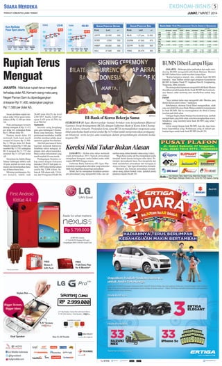 JUMAT, 7 MARET 2014

S AHAM P ENCETAK U NTUNG

11.472

KODE

LAST

+/-

S AHAM P ENCETAK R UGI
KODE

UNTR

20.000

600

MLBI

SCBD

3.500

500

HMSP

69.500

AALI

27.600

LAST
1,07 juta

13.500

GGRM

47.000

875

500

GDYR

18.250

500

500

ITMG

25.475

300

ARTAMAS

US$
HK$
AUS
SIN
DEM
Stg
NLG
Yen 100
SwFr
Frc
Myr
Eur

11.500
1.490
10.300
9.100
18.600
11.300
3.560
15.810

NIAGA

11.600
1.250
10.015
9.510
19.470
10.301
3.112
16.123

SUPIT

11.470
1.470
10.300
9.075
19.020
11.200
12.700
3.460
15.720

JUAL
MITRA

11.500
1.470
10.300
9.100
18.600
11.300
3.560
15.810

ARTAMAS

11.610
1.510
10.460
9.165
19.300
11.400
3.595
15.910

NIAGA

11.650
1.515
10.525
9.550
19.475
10.450
3.154
16.125

SUPIT

MITRA

11.610
1.525
10.435
9.165
19.300
11.350
13.080
3.550
15.900

11.575
1.510
10.460
9.165
19.300
11.400
3.595
15.910

BUMN Diberi Lampu Hijau

JAKARTA - Nilai tukar rupiah terus menguat
terhadap dolar AS. Kemarin siang mata uang
Negeri Paman Sam itu diperdagangkan
di kisaran Rp 11.400, sedangkan paginya
Rp 11.580 per dolar AS.
28,685 poin (0,62%) ke level
4.687,857. Indeks LQ45 me
nguat 5,455 poin (0,70%) ke
level 788,542.
Optimistis
Investor asing hengkang
gara-gara hubungan UkrainaRusia yang memanas. Namun
pertemuan membahas konflik
tersebut membuat pelaku pasar
optimistis gejolak bisa diredam.
Aksi beli pun ramai di bursa
regional, termasuk Indonesia.
Sembilan sektor menguat, dipimpin oleh sektor konstruksi.
Hanya sektor infrastruktur yang
masih terjebak di zona merah.
Perdagangan berjalan cukup ramai dengan frekuensi
transaksi 226.633 kali pada volume 5,885 miliar lembar saham
senilai Rp 7,098 triliun. Sebanyak 168 saham naik, 124 turun, dan 93 stagnan.(J10,dtf-29)

BELI

+/-

Rupiah Terus
Menguat

Secara perlahan rupiah menekan dolar AS ke posisi terendahnya di Rp 11.440 per dolar
AS.
Pada perdagangan kemarin
ditutup menguat di Rp 11.472
per dolar AS, sedangkan Rabu
Rp 11.580 per dolar AS
Namun, meski dolar AS
melemah, bank-bank masih
menjual di kisaran Rp 11.500Rp 11.700 per dolar AS. Bank
Mandiri menjual Rp 11.682 dan
membeli Rp 11.518, sedangkan
BCA menjual Rp 11.725 dan
membeli Rp 11.425 per dolar
AS.
Sementara itu, Indeks Harga
Saham Gabungan (IHSG) naik
28 poin setelah investor asing
masuk dan menempatkan dananya di bursa-bursa Asia.
Menutup perdagangan Kamis kemarin, indeks naik

VALUTA ASING : KURS PERDAGANGAN VALUTA ASING DI SEMARANG

BI-Bank of Korea Bekerja Sama

SM/Antara

GUBERNUR BI Agus Martowardojo (kanan) bertukar nota kesepahaman Bilateral
Currency Swap Arrangement (BCSA) dengan Gubernur Bank of Korea Kim Choongsoo di Jakarta, kemarin. Perjanjian kerja sama BCSA memungkinkan swap mata uang
lokal antarkedua bank sentral senilai Rp 115 triliun untuk mempromosikan perdagangan bilateral, serta kerjas ama keuangan dalam pengembangan ekonomi kedua
negara.(29)

Koreksi Nilai Tukar Bukan Alasan
JAKARTA - Akibat nilai tukar melemah
sejak pertengahan 2013, banyak perusahaan
mengalami kerugian; mulai badan usaha milik
negara (BUMN) hingga swasta.
Gubernur Bank Indonesia (BI) Agus Martowardojo menegaskan nilai tukar yang terkoreksi
tidak bisa dijadikan alasan bagi perusahaan.
Sebab, hal itu merupakan kesalahan pemimpin perusahaan yang mengambil risiko atas pe-

narikan utang dalam bentuk valuta asing (valas).
“Bagi dunia usaha, tak bisa mengatakan usaha
menjadi buruk karena kerugian nilai tukar. Pemimpin (perusahaan) harus bisa mengelola dan
tidak membebani perusahaan dari kerugian fo
reign exchange,” ujar Agus di kantornya, kemarin.
Menurut dia, banyak perusahaan memaksakan utang dalam bentuk valas, padahal penda
patannya rupiah.(bn,dtf-29)

JAKARTA - Beberapa pakar perbankan dan analis mendorong BUMN mengambil alih Bank Mutiara. Menteri
BUMN Dahlan Iskan sudah memberi lampu hijau.
“Kalau harganya murah, oke, silakan bank BUMN
transaksi,” tutur Dahlan setelah rapat pimpinan Kementerian
BUMN di Kantor Pusat PT Angkasa Pura II, Cengkareng,
Tangerang, Jabar, kemarin.
Dia menegaskan keputusan mengambil alih Bank Mutiara
diserahkan penuh kepada direksi bank BUMN dan komisarisnya. Intinya, tidak melarang atau memberikan arahan langsung.
Efektif
“Saya izinkan kalau mau mengambil alih. Mereka, para
direksi itu kan pinter-pinter,” tandasnya.
Sebelumnya, ekonom Faisal Basri mengusulkan, salah
satu cara efektif divestasi Bank Mutiara adalah lewat penjualan
ke bank BUMN. Hal itu memungkinkan eks Bank Century
tersebut jauh lebih sehat.
“Dengan begitu, Bank Mutiara bisa kembali kuat, tumbuh
menjadi bank yang lebih sehat, serta bisa menghasilkan return.
Sebaiknya, yang membeli harus bank BUMN yang sehat,”
imbuhnya.
Lewat sinergi dengan bank BUMN, kata dia, juga membatasi kepemilikan asing. Pembatasan asing di industri perbankan bagus untuk bank-bank BUMN.(bn,dtf-29)

 
