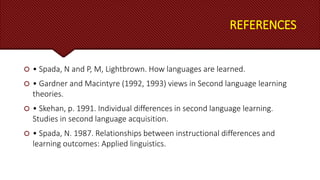 REFERENCES
 • Spada, N and P, M, Lightbrown. How languages are learned.
 • Gardner and Macintyre (1992, 1993) views in Second language learning
theories.
 • Skehan, p. 1991. Individual differences in second language learning.
Studies in second language acquisition.
 • Spada, N. 1987. Relationships between instructional differences and
learning outcomes: Applied linguistics.
 