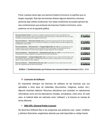 Poner nuestras obras bajo una licencia Creative Commons no significa que no
tengan copyright. Este tipo de licencias ofrecen algunos derechos a terceras
personas bajo ciertas condiciones; Con estas condiciones se pueden generar las
seis combinaciones que producen las licencias Creative Commons, como
podemos ver en la siguiente gráfica.
Licencias de Software
Es importante distinguir las licencias de software de las licencias que son
aplicables a otros tipos de materiales (documentos, imágenes, audios, etc.).
Algunos docentes elaboran Recursos educativos que consisten en aplicaciones
informáticas como son los laboratorios virtuales, simuladores, entre otros. En este
caso, el material debe ser estimado como “software” y la licencia se maneja de
forma diferente.
 GNU GPL (General Public License)
Se denomina Software libre a los programas que podemos usar, copiar, modificar
y distribuir libremente, exigiéndose además que esté disponible su código fuente.
Gráfica 1. Combinaciones que Producen las Licencias Creative Commons (UDES., 2018)
 