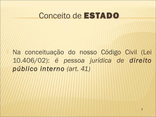 5
Conceito de ESTADO
 Na conceituação do nosso Código Civil (Lei
10.406/02): é pessoa jurídica de direito
público interno (art. 41)
 