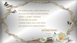 Não tardavas, então, a sentir mais uma vez
eu te tocar por inteira em tuas entranhas,
seduzir e acoplar momentos
de tesão deste teu amado,
contando, juntos, com a noite inteira
para aquele ato de explosão finalizar.
Serra Negra
SP
 