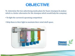 To determine the two-advertising media plans for Suave shampoo & analyze
which is a better alternative for the shampoo which would help the company:

• To fight the current & upcoming competition

• Help them in their fight to maintain their retail shelf-space.
 