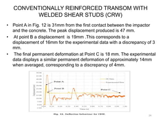 CONVENTIONALLY REINFORCED TRANSOM WITH
WELDED SHEAR STUDS (CRW)
• Point A in Fig. 12 is 31mm from the first contact between the impactor
and the concrete. The peak displacement produced is 47 mm.
• At point B a displacement is 19mm .This corresponds to a
displacement of 16mm for the experimental data with a discrepancy of 3
mm.
• The final permanent deformation at Point C is 18 mm. The experimental
data displays a similar permanent deformation of approximately 14mm
when averaged, corresponding to a discrepancy of 4mm.
24
 