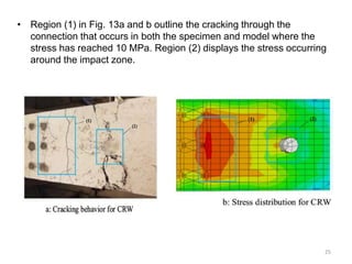 • Region (1) in Fig. 13a and b outline the cracking through the
connection that occurs in both the specimen and model where the
stress has reached 10 MPa. Region (2) displays the stress occurring
around the impact zone.
25
 