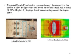 • Regions (1) and (2) outline the cracking through the connection that
occurs in both the specimen and model where the stress has reached
10 MPa. Region (3) displays the stress occurring around the impact
zone.
27
 