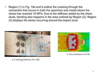 • Region (1) in Fig. 19a and b outline the cracking through the
connection that occurs in both the specimen and model where the
stress has reached 10 MPa. Due to the stiffness added by the shear
studs, bending also happens in the area outlined by Region (2). Region
(3) displays the stress occurring around the impact zone.
29
 
