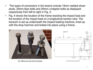 • The types of connectors in the beams include 19mm welded shear
studs, 20mm Ajax bolts and 29mm Lindapter bolts as displayed
respectively from left to right in Fig. 3.
• Fig. 4 shows the location of the frame resisting the impact load and
the location of the impact load on a longitudinal section view. The
transom is set up underneath the impact loading machine, lined up
with the drop hammer and bolted into place using a frame.
9
 