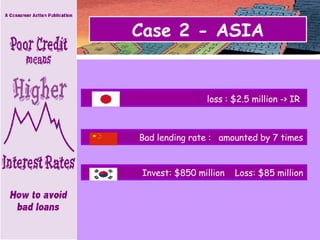 Case 2 - ASIA loss : $2.5 million -> IR   Bad lending rate :  amounted by 7 times Invest: $850 million  Loss: $85 million 