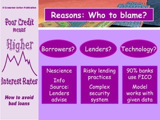 Reasons: Who to blame? Borrowers? Lenders? Technology? Nescience Info Source: Lenders advise Risky lending practices Complex security system 90% banks use FICO Model works with given data 