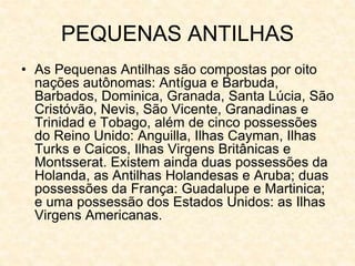 PEQUENAS ANTILHAS
• As Pequenas Antilhas são compostas por oito
nações autônomas: Antígua e Barbuda,
Barbados, Dominica, Granada, Santa Lúcia, São
Cristóvão, Nevis, São Vicente, Granadinas e
Trinidad e Tobago, além de cinco possessões
do Reino Unido: Anguilla, Ilhas Cayman, Ilhas
Turks e Caicos, Ilhas Virgens Britânicas e
Montsserat. Existem ainda duas possessões da
Holanda, as Antilhas Holandesas e Aruba; duas
possessões da França: Guadalupe e Martinica;
e uma possessão dos Estados Unidos: as Ilhas
Virgens Americanas.
 