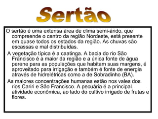 O sertão é uma extensa área de clima semi-árido, que compreende o centro da região Nordeste, está presente em quase todos os estados da região. As chuvas são escassas e mal distribuídas. A vegetação típica é a caatinga. A bacia do rio São Francisco é a maior da região e a única fonte de água perene para as populações que habitam suas margens, é aproveitado para irrigação e também é fonte de energia através de hidrelétricas como a de Sobradinho (BA). As maiores concentrações humanas estão nos vales dos rios Cariri e São Francisco. A pecuária é a principal atividade econômica, ao lado do cultivo irrigado de frutas e flores.  Sertão 