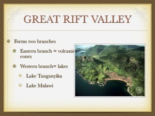 GREAT RIFT VALLEY
Forms two branches
  Eastern branch = volcanic
  cones
  Western branch= lakes
     Lake Tanganyika
     Lake Malawi
 
