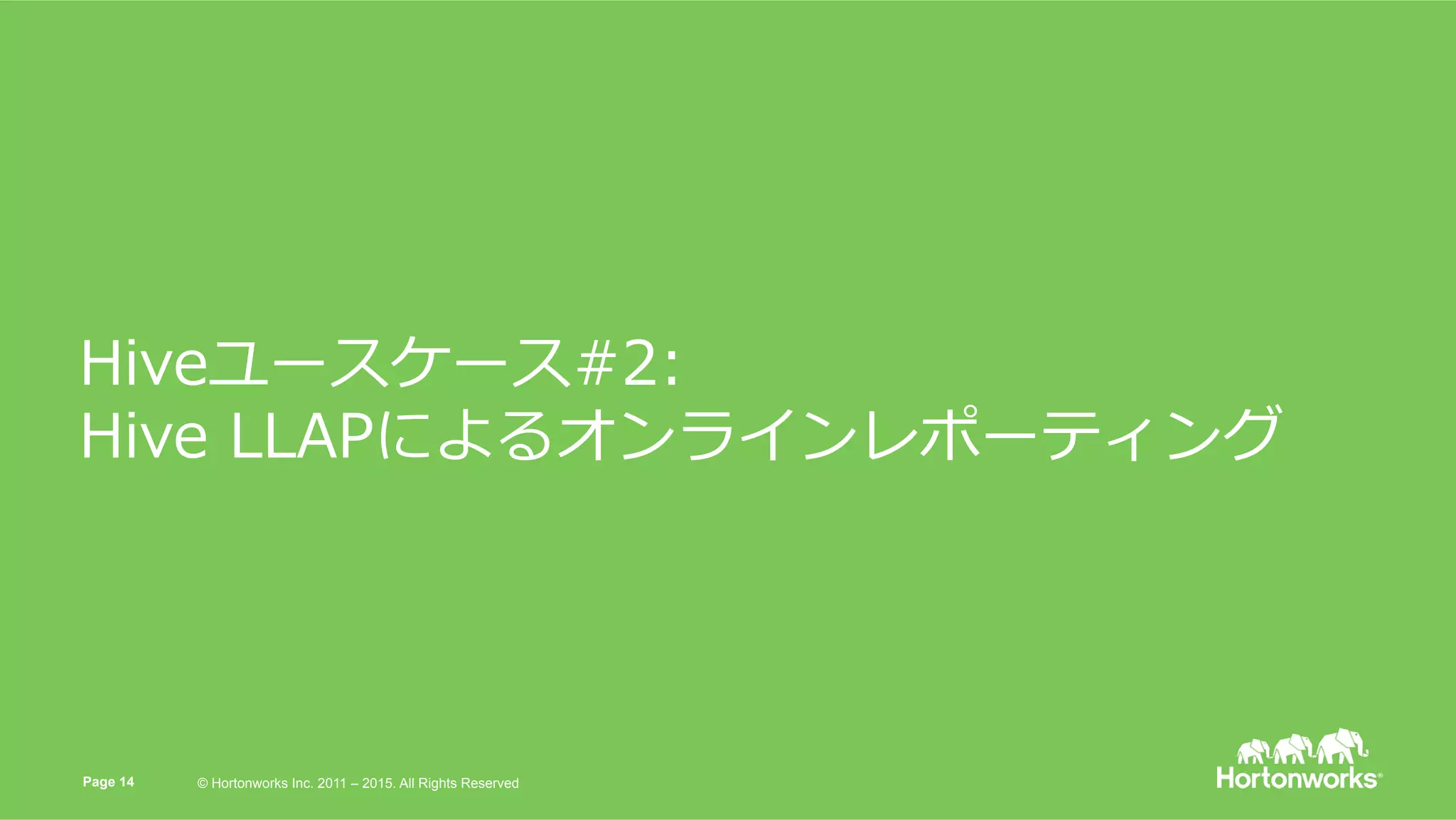 © Hortonworks Inc. 2015. All Rights Reserved
Hiveユースケース#2:
Hive LLAPによるオンラインレポーティング
Page 14 © Hortonworks Inc. 2011 – 2015. All Rights Reserved
 