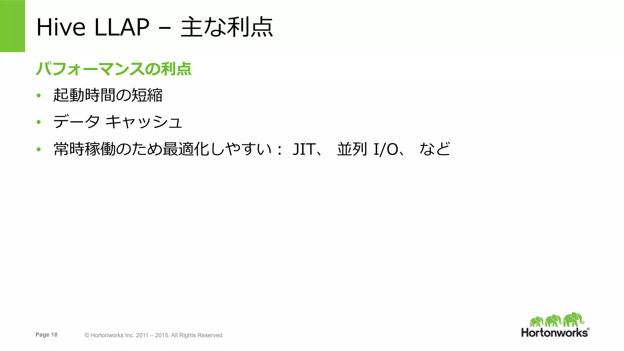 Page 18 © Hortonworks Inc. 2011 – 2015. All Rights Reserved
Hive LLAP – 主な利点
パフォーマンスの利点
•  起動時間の短縮
•  データ キャッシュ
•  常時稼働のため最適化しやすい： JIT、 並列 I/O、 など
 