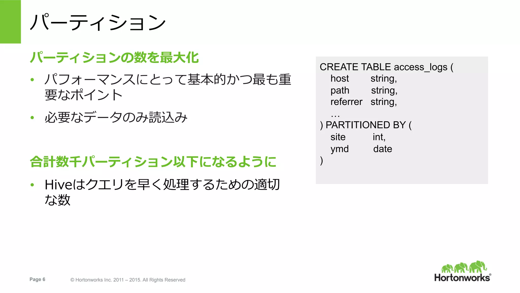 Page 6 © Hortonworks Inc. 2011 – 2015. All Rights Reserved
パーティション
パーティションの数を最⼤化
•  パフォーマンスにとって基本的かつ最も重
要なポイント
•  必要なデータのみ読込み
合計数千パーティション以下になるように
•  Hiveはクエリを早く処理するための適切
な数
CREATE TABLE access_logs (
host string,
path string,
referrer string,
…
) PARTITIONED BY (
site int,
ymd date
)
 