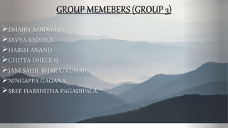 GROUP MEMEBERS (GROUP 3)
DHAIRY SARDHARA.
DIVYA REDDY Y.
HARSH ANAND.
CHITTA DHEERAJ.
JANI SAHIL BHARATKUMAR.
NINGAPPA GAGANA.
SREE HARSHITHA PAGADIPALA.
 