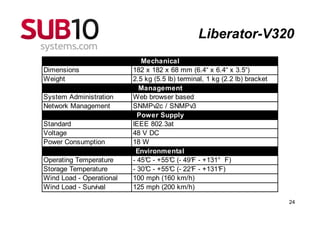 Liberator-V320
                             Mechanical
Dimensions                182 x 182 x 68 mm (6.4“ x 6.4“ x 3.5“)
Weight                    2.5 kg (5.5 lb) terminal, 1 kg (2.2 lb) bracket
                            Management
System Administration     Web browser based
Network Management        SNMPv2c / SNMPv3
                            Power Supply
Standard                  IEEE 802.3at
Voltage                   48 V DC
Power Consumption         18 W
                           Environmental
Operating Temperature     - 45° - +55° (- 49° - +131° F)
                              C        C      F
Storage Temperature       - 30° - +55° (- 22° - +131°
                              C        C      F         F)
Wind Load - Operational   100 mph (160 km/h)
Wind Load - Survival      125 mph (200 km/h)

                                                                            24
 