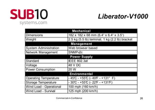 Liberator-V1000

                                  Mechanical
Dimensions                     182 x 182 x 68 mm (6.4“ x 6.4“ x 3.5“)
Weight                         2.5 kg (5.5 lb) terminal, 1 kg (2.2 lb) bracket
                                 Management
System Administration          Web browser based
Network Management             SNMPv2c
                                 Power Supply
Standard                       IEEE 802.3at
Voltage                        48 V DC
Power Consumption              20 W
                                Environmental
Operating Temperature          - 45° - +55° (- 49° - +131° F)
                                   C        C      F
Storage Temperature            - 30° - +55° (- 22° - +131°
                                   C        C      F         F)
Wind Load - Operational        100 mph (160 km/h)
Wind Load - Survival           125 mph (200 km/h)

                    Commercial-in-Confidence                                     26
 