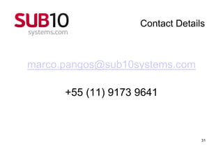 Contact Details



marco.pangos@sub10systems.com

      +55 (11) 9173 9641



                                  31
 