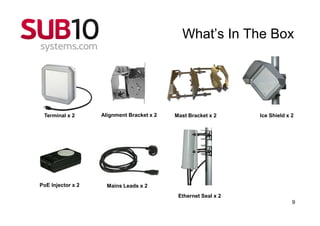 What’s In The Box




 Terminal x 2      Alignment Bracket x 2   Mast Bracket x 2     Ice Shield x 2




PoE Injector x 2     Mains Leads x 2
                                            Ethernet Seal x 2
                                                                             9
 