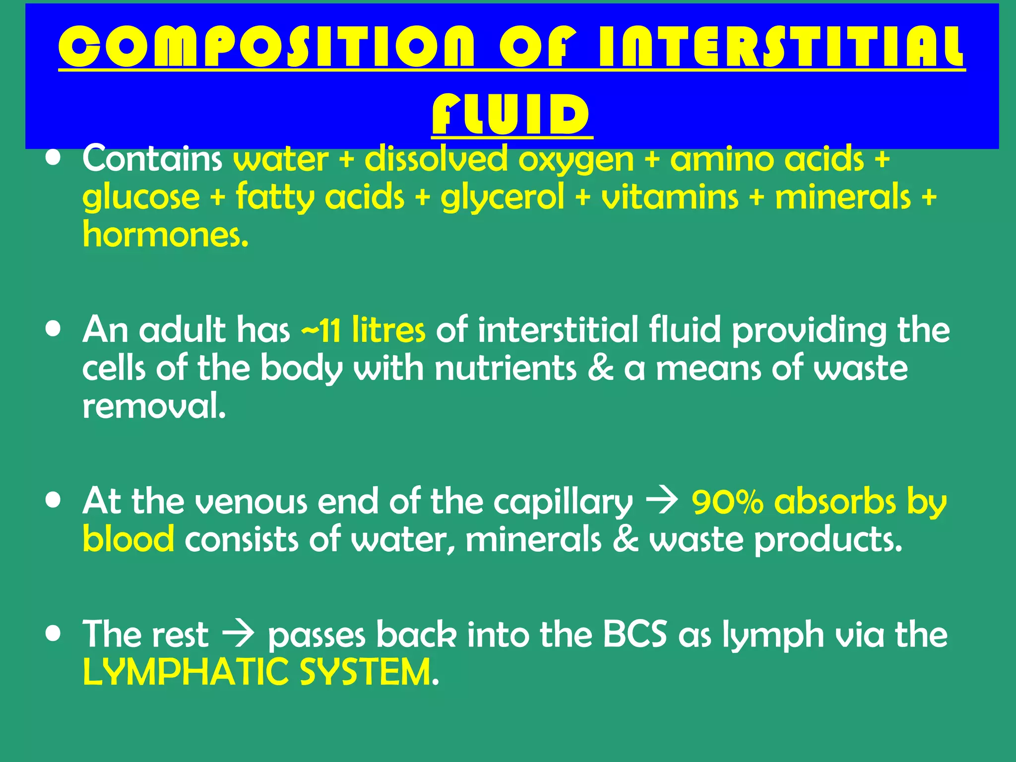 COMPOSITION OF INTERSTITIAL
          FLUID
• Contains water + dissolved oxygen + amino acids +
  glucose + fatty acids + glycerol + vitamins + minerals +
  hormones.

• An adult has ~11 litres of interstitial fluid providing the
  cells of the body with nutrients & a means of waste
  removal.

• At the venous end of the capillary  90% absorbs by
  blood consists of water, minerals & waste products.

• The rest  passes back into the BCS as lymph via the
  LYMPHATIC SYSTEM.
 