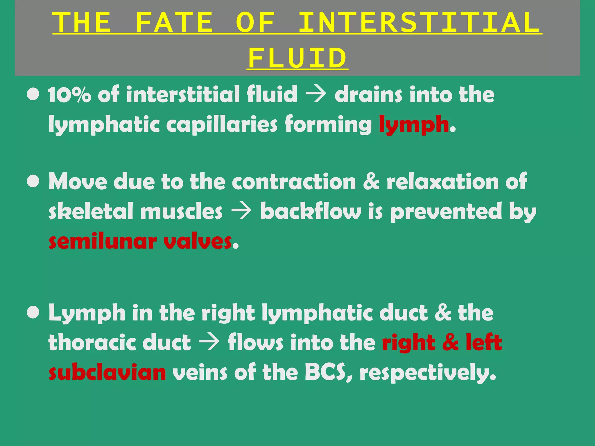 THE FATE OF INTERSTITIAL
            FLUID
• 10% of interstitial fluid  drains into the
  lymphatic capillaries forming lymph.

• Move due to the contraction & relaxation of
  skeletal muscles  backflow is prevented by
  semilunar valves.

• Lymph in the right lymphatic duct & the
  thoracic duct  flows into the right & left
  subclavian veins of the BCS, respectively.
 