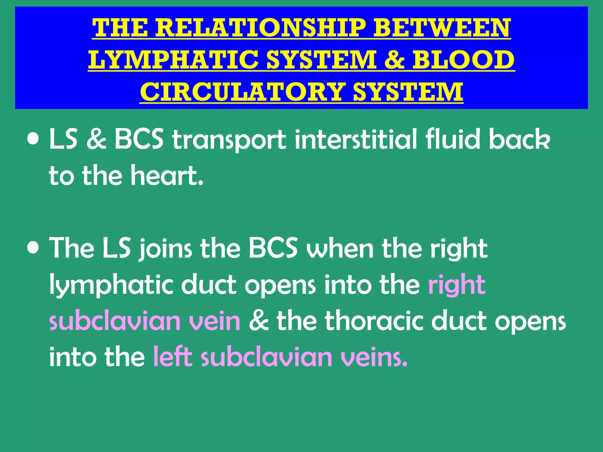 THE RELATIONSHIP BETWEEN
     LYMPHATIC SYSTEM & BLOOD
        CIRCULATORY SYSTEM
• LS & BCS transport interstitial fluid back
  to the heart.

• The LS joins the BCS when the right
  lymphatic duct opens into the right
  subclavian vein & the thoracic duct opens
  into the left subclavian veins.
 