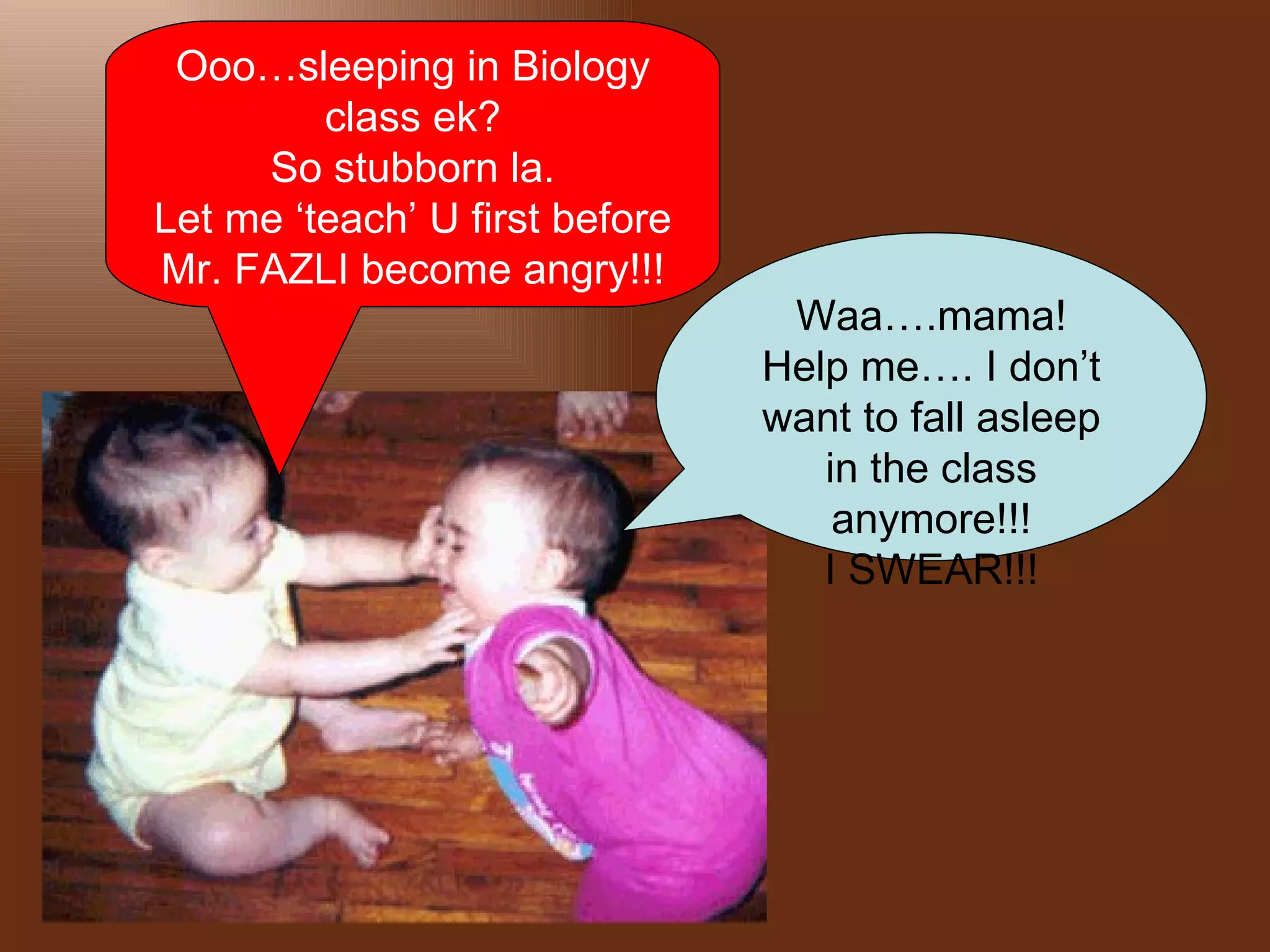 Ooo…sleeping in Biology
         class ek?
     So stubborn la.
Let me ‘teach’ U first before
Mr. FAZLI become angry!!!
                                 Waa….mama!
                                Help me…. I don’t
                                want to fall asleep
                                   in the class
                                    anymore!!!
                                   I SWEAR!!!
 