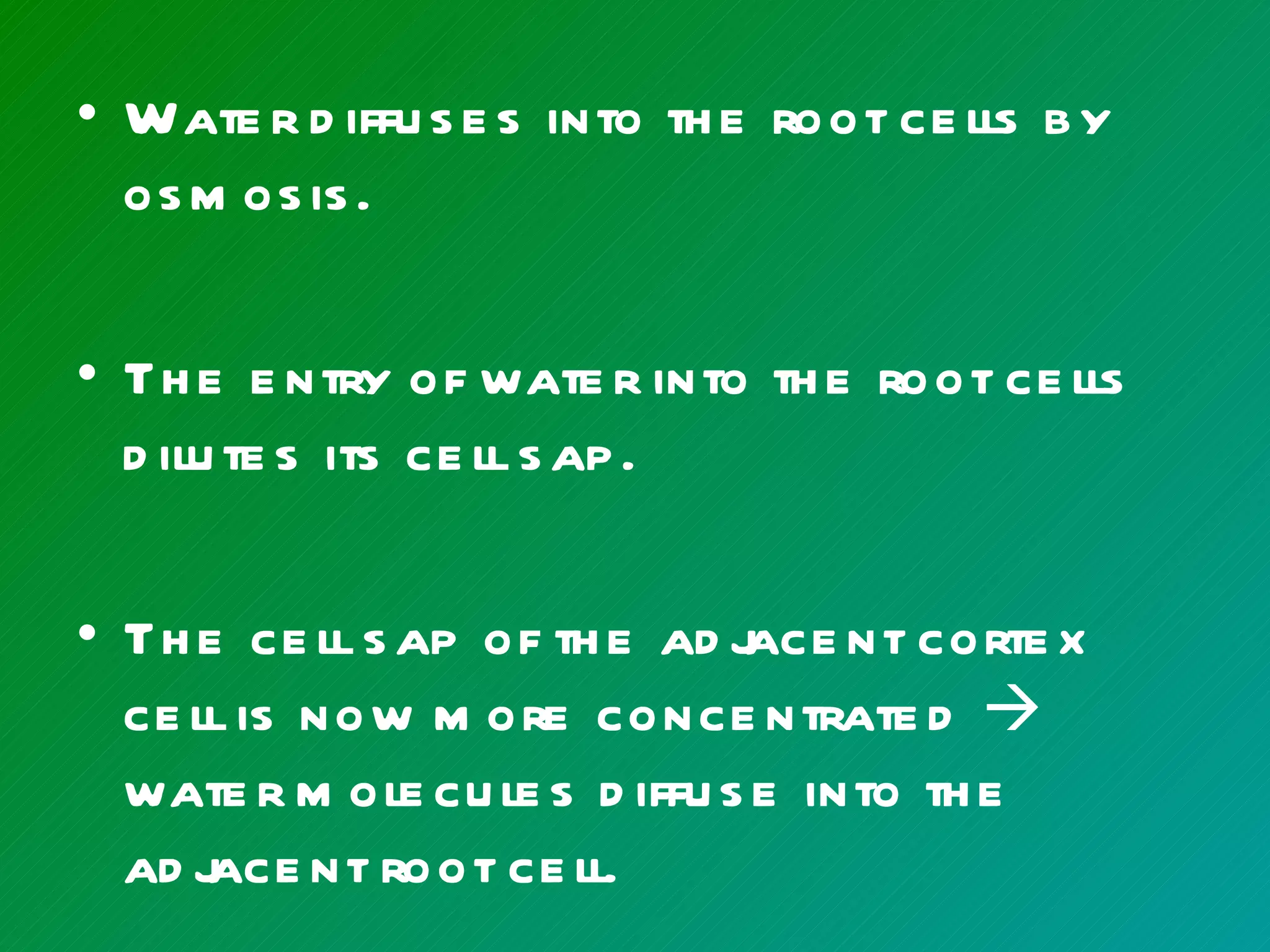 • Wate r d iffu s e s into th e root ce lls b y
  os m os is .

• Th e e ntry of wate r into th e root ce lls
  d ilu te s its ce ll s ap .

• Th e ce ll s ap of th e ad j nt corte x
                               ace
  ce ll is now m ore conce ntrate d 
  wate r m ole cu le s d iffu s e into th e
  ad j nt root ce ll.
      ace
 