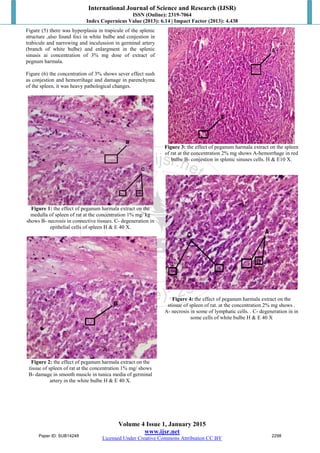 International Journal of Science and Research (IJSR)
ISSN (Online): 2319-7064
Index Copernicus Value (2013): 6.14 | Impact Factor (2013): 4.438
Volume 4 Issue 1, January 2015
www.ijsr.net
Licensed Under Creative Commons Attribution CC BY
Figure (5) there was hyperplasia in trapicule of the splenic
structure ,also found foci in white bulbe and conjestion in
trabicule and narrowing and inculussion in germinal artery
(branch of white bulbe) and enlargment in the splenic
sinusis ai concentration of 3% mg dose of extract of
pegnum harmala.
Figure (6) the concentration of 3% shows sever effect sush
as conjestion and hemorrihage and damage in parenchyma
of the spleen, it was heavy pathological changes.
Figure 1: the effect of peganum harmala extract on the
medulla of spleen of rat at the concentration 1% mg/ kg
shows B- necrosis in connective tissues. C- degeneration in
epithelial cells of spleen H & E 40 X.
Figure 2: the effect of peganum harmala extract on the
tissue of spleen of rat at the concentration 1% mg/ shows
B- damage in smooth muscle in tunica media of germinal
artery in the white bulbe H & E 40 X.
Figure 3: the effect of peganum harmala extract on the spleen
of rat at the concentration 2% mg shows A-hemorrhage in red
bulbe B- conjestion in splenic sinuses cells. H & E10 X.
Figure 4: the effect of peganum harmala extract on the
stissue of spleen of rat. at the concentration 2% mg shows .
A- necrosis in some of lymphatic cells. . C- degeneration in in
some cells of white bulbe H & E 40 X
Paper ID: SUB14248 2298
 