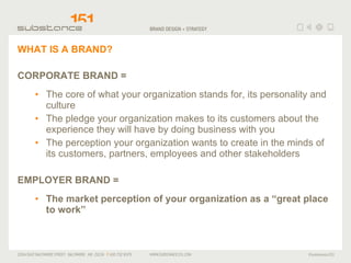 WHAT IS A BRAND? CORPORATE BRAND = The core of what your organization stands for, its personality and culture The pledge your organization makes to its customers about the experience they will have by doing business with you The perception your organization wants to create in the minds of its customers, partners, employees and other stakeholders  EMPLOYER BRAND = The market perception of your organization as a  “g r eat place to work” 