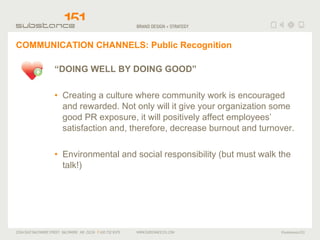 COMMUNICATION CHANNELS: Public Recognition “ DOING WELL BY DOING GOOD” Creating a culture where community work is encouraged and rewarded. Not only will it give your organization some good PR exposure, it will positively affect employees’ satisfaction and, therefore, decrease burnout and turnover. Environmental and social responsibility (but must walk the talk!) 