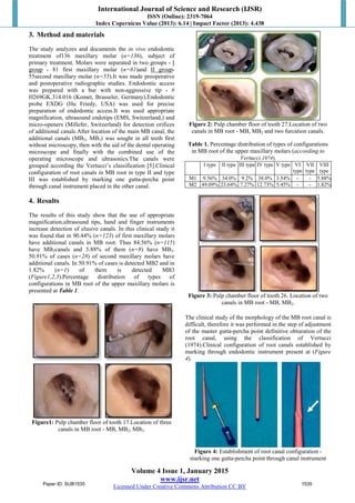 International Journal of Science and Research (IJSR)
ISSN (Online): 2319-7064
Index Copernicus Value (2013): 6.14 | Impact Factor (2013): 4.438
Volume 4 Issue 1, January 2015
www.ijsr.net
Licensed Under Creative Commons Attribution CC BY
3. Method and materials
The study analyzes and documents the in vivo endodontic
treatment of136 maxillary molar (n=136), subject of
primary treatment. Molars were separated in two groups - I
group - 81 first maxillary molar (n=81)and II group
4. Results
-
55second maxillary molar (n=55).It was made preoperative
and postoperative radiographic studies. Endodontic access
was prepared with a bur with non-aggressive tip - #
H269GK.314.016 (Komet, Brasseler, Germany).Endodontic
probe EXDG (Hu Friedy, USA) was used for precise
preparation of endodontic access.It was used appropriate
magnification, ultrasound endotips (EMS, Switzerland,) and
micro-openers (Millefer, Switzerland) for detection orifices
of additional canals.After location of the main MB canal, the
additional canals (MB2, MB3) was sought in all teeth first
without microscopy, then with the aid of the dental operating
microscope and finally with the combined use of the
operating microscope and ultrasonics.The canals were
grouped according the Vertucci’s classification [5].Clinical
configuration of root canals in MB root in type II and type
III was established by marking one gutta-percha point
through canal instrument placed in the other canal.
The results of this study show that the use of appropriate
magnification,ultrasound tips, hand and finger instruments
increase detection of elusive canals. In this clinical study it
was found that in 90.44% (n=123) of first maxillary molars
have additional canals in MB root. Thus 84.56% (n=115)
have MB2canals and 5.88% of them (n=8) have MB3.
50.91% of cases (n=28) of second maxillary molars have
additional canals. In 50.91% of cases is detected MB2 and in
1.82% (n=1) of them is detected MB3
(Figure1,2,3).Percentage distribution of types of
configurations in MB root of the upper maxillary molars is
presented at Table 1.
Figure1: Pulp chamber floor of tooth 17.Location of three
canals in MB root - MB, MB2, MB3.
Figure 2: Pulp chamber floor of tooth 27.Location of two
canals in MB root - MB, MB2 and two furcation canals.
Table 1. Percentage distribution of types of configurations
in MB root of the upper maxillary molars (according to
Vertucci 1974).
I type II type III type IV type V type VI
type
VII
type
VIII
type
M1 9.56% 34.0% 9.2% 38.0% 3.54% - - 5.88%
M2 49.09% 23.64% 7.27% 12.73% 5.45% - - 1.82%
Figure 3: Pulp chamber floor of tooth 26. Location of two
canals in MB root - MB, MB2.
The clinical study of the morphology of the MB root canal is
difficult, therefore it was performed in the step of adjustment
of the master gutta-percha point definitive obturation of the
root canal, using the classification of Vertucci
(1974).Clinical configuration of root canals established by
marking through endodontic instrument present at (Figure
4).
Figure 4: Establishment of root canal configuration -
marking one gutta-percha point through canal instrument
Paper ID: SUB1535 1535
 