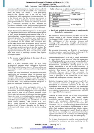 International Journal of Science and Research (IJSR)
ISSN (Online): 2319-7064
Index Copernicus Value (2013): 6.14 | Impact Factor (2013): 4.438
Volume 4 Issue 1, January 2015
www.ijsr.net
Licensed Under Creative Commons Attribution CC BY
preparation and implementation of public policies and wish
to become more involved in local life. This confirmation
marks the strong will emerge a local participatory
democracy.The attention paid to the role of citizen
participation in public management is both new and old. Old
by the interest given by the Moroccan government to
develop a realistic participation process initiated several
years agoand new because we are now witnessing more than
ever a continuous movement of laws, programs and
experiences connected withthe participation and partnership
between government services and civil society in Morocco.
Despite the abundance of literature produced on this subject,
it is important to focus on the mechanisms of participation
on much smaller scales.Reflecting this trend, new forms of
relationships have emerged, focusing more on participatory
democratic practices. The associations are a good example.
This is a new form of participation and partnership between
the government and the citizens. The associations have
become a key player in any development process especially
at the local level that no one can dispute. The flexibility of
their structures predisposes them to develop projects that
meet the real needs of people. Their outreach and knowledge
of populations and territories, from which they arise, makes
them more likely to encourage informed and vigorous
citizen participation.
b) The concept of participation at the center of many
conceptual issues
While it is often mentioned today, the term citizen
participation is a concept widely contested on the ground.
But in the scientific literature, it covers different realities and
replaces other concepts such as consultation or participatory
democracy.
Formally, the term "participation" has emerged during mass
mobilizations and movements 'radical' US during the years
1960-1970 [Movement against the Vietnam War, civil rights
advocates, urban social movements ... etc.]. The word has
gained new momentum in the 1990s under the leadership of
the World Bank, which seeks to condition foreign aid to
democratic openings of the beneficiary countries.
In general, the term citizen participation refers to the
involvement of ordinary citizens in decision making in
environments, institutions and programs whose scope affects
them directly.In view of the scientific literature, Allain
(2001) and Claey-Mekdade (2001) notes that participation
often refers to the power relationship between the different
actors of territorial management and places the citizen at the
heart of this process exchange and redistribution of power.
Several authors (Arnstein, 1969; Joliveau et al, 2002;
Wilcox, 1994) proposed to characterize participation,
declining levels of power, depending on the degree of
involvement and citizen control in the decision making
process.
Table 1: Typology of eight levels of participation from a
scale Arnstein (1969)
c) Level and method of contribution of associations in
the collective management
The activities of the associations are part of the line with the
strategic thrusts of the National Initiative for Human
Development (INDH). It aims to promote local governance.
The establishment of their governing structures and
operating under the basic principles of democracy.
Participation in community life promotes social ascension -
political leaders.
The grouping, organization and dynamics of associations
activities strengthen social ties and the awakening of the
communities in the development of their region.
Establishing an inventory of the role of "living" associations
in a given territory in the process of collective management
is a difficult tasks. However, governance has developed in a
context which is marked by many changes (economic crisis,
decentralization, globalization, growing power of civil
society, development of the role of local authorities ...)
leading to new challenges and strong mutations social and
territorial. This context has profoundly altered the
relationship between civil society represented by
associations and public authorities. They are invited if not
called to participate in the construction of the public
response and ensure greater efficiency in the field.
Certainly, in empirical reality, things are more complex. It is
now considered common in public policy that the
participation of associations especially in the field of
development of the territory is rewarding. This commitment
reflects the awareness at the state level of the need to
involve partner organizations to ensure democracy and build
more respectful of citizens' project.
However, it is clear that the role of civil society-through
associative entities- remains quite limited though
strategically important. Despite the existence of a large
number of associations distinguished by their
professionalism, sense of organization and their results, they
suffer from a lack of vision and strategy of intervention and
real and effective involvement in the management of public
affairs. Their work does not bear sufficient visibility. Indeed,
the involvement of associations is usually done in an indirect
way. This is so, especially when governments themselves
organize consultation with associations and interest groups
before making their choice or to adopt their public policy.
For its part, the government must be more demanding of
associations by continuous and strict monitoring on the
Paper ID: SUB1578 365
 