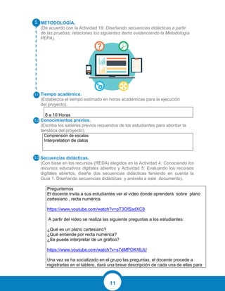 11
METODOLOGÍA.
(De acuerdo con la Actividad 19: Diseñando secuencias didácticas a partir
de las pruebas, relaciones los siguientes ítems evidenciando la Metodología
PEPA).
Tiempo académico.
(Establezca el tiempo estimado en horas académicas para la ejecución
del proyecto).
8 a 10 Horas
Conocimientos previos.
(Escriba los saberes previos requeridos de los estudiantes para abordar la
temática del proyecto).
Comprensión de escalas
Interpretation de datos
Secuencias didácticas.
(Con base en los recursos (REDA) elegidos en la Actividad 4: Conociendo los
recursos educativos digitales abiertos y Actividad 5: Evaluando los recursos
digitales abiertos, diseñe dos secuencias didácticas teniendo en cuenta la
Guía 1. Diseñando secuencias didácticas y anéxela a este documento).
Preguntemos
El docente invita a sus estudiantes ver el video donde aprenderá sobre plano
cartesiano , recta numérica
https://www.youtube.com/watch?v=pT3OfSsdXC8
A partir del video se realiza las siguiente preguntas a los estudiantes:
¿Qué es un plano cartesiano?
¿Qué entiende por recta numérica?
¿Se puede interpretar de un grafico?
https://www.youtube.com/watch?v=s7dMPOK49JU
Una vez se ha socializado en el grupo las preguntas, el docente procede a
registrarlas en el tablero, dará una breve descripción de cada una de ellas para
 