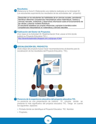 16
Resultados.
(Relacione la Guía 8: Elaborando una relatoría realizada en la Actividad 32:
Los estudiantes exponiendo los resultados de las actividades del proyecto).
Desarrollar en los estudiantes las habilidades de en ciencias sociales, permitiendo
Identificar diferentes competencias interpretativas sobre matemáticas, robótica y
ciencias naturales, analizando y observando información sobre el funcionamiento de
las células y plasmar modelos Robóticos
El estudiante establece sus propias inferencias y apropian la temática sobre
competencias interpretativas en matemática y ciencias naturales
Publicación del Gestor de Proyectos.
(Con base en la Actividad 35: Realimentación final, anexe el link donde
publicó su Proyecto Educativo TIC.)
http://docenticexplorador.blogspot.com.co/p/grupo-4.html
SOCIALIZACIÓN DEL PROYECTO.
(Esta etapa del proyecto busca hacer recomendaciones al docente para la
socialización de los resultados del Proyecto Educativo TIC).
Ponencia de la experiencia educativa del proyecto educativo TIC.
La ponencia es una presentación de máximo 10 minutos donde se
presenta lo más significativo del proyecto educativo TIC. Tenga en cuenta
los siguientes aspectos:
• Portada donde se identifique el Proyecto Educativo TIC. Nombre
• Propósito.
 