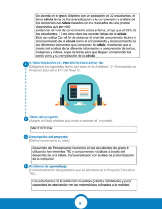 9
Se aborda en el grado Séptimo con un población de 32 estudiantes, el
tema célula tema de transversalizacion a la comprensión y análisis de
los elementos del célula basados en los resultados de una prueba
diagnóstica que permitió
evidenciar el nivel de conocimiento sobre el tema, arrojo que el 59% de
los estudiantes, 19 no tiene claro las características de la célula
Esto se realiza Con el fin de observar el nivel de comprensión lectora y
reconocimiento de la célula como el conocimiento y reconocimiento de
las diferentes elementos que componen la célula, intentando que a
través del análisis de la diferente información y comprensión de textos,
imágenes y videos, sopa de letras para que lleguen comprender los
seres vivos y su composición de la célula
ES TRUCTURACIÓN DEL PROYECTO EDUCATIVO TIC.
(Diligencie los siguientes ítems con base en la Actividad 12: Formulando un
Proyecto Educativo TIC del Nivel 1).
Título del proyecto:
(Asigne un título creativo que invite a conocer el proyecto).
MATEBÓTICA
Descripción del proyecto:
(Defina brevemente su idea).
Desarrollo del Pensamiento Numérico en los estudiantes de grado 8
utilizando herramientas TIC y componentes robóticos a través del
desarrollo de una célula, transversalizado con el área de profundización
de la institución
Problema de aprendizaje:
(Contextualización del problema que se abordará en el Proyecto Educativo
TIC).
Los estudiantes de la institución muestran grandes debilidades y poca
capacidad de abstracción en las matemáticas aplicadas a la realidad.
 