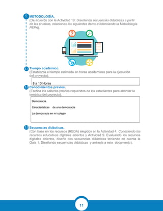 11
METODOLOGÍA.
(De acuerdo con la Actividad 19: Diseñando secuencias didácticas a partir
de las pruebas, relaciones los siguientes ítems evidenciando la Metodología
PEPA).
Tiempo académico.
(Establezca el tiempo estimado en horas académicas para la ejecución
del proyecto).
8 a 10 Horas
Conocimientos previos.
(Escriba los saberes previos requeridos de los estudiantes para abordar la
temática del proyecto).
Democracia.
Características de una democracia
La democracia en mi colegio
Secuencias didácticas.
(Con base en los recursos (REDA) elegidos en la Actividad 4: Conociendo los
recursos educativos digitales abiertos y Actividad 5: Evaluando los recursos
digitales abiertos, diseñe dos secuencias didácticas teniendo en cuenta la
Guía 1. Diseñando secuencias didácticas y anéxela a este documento).
 