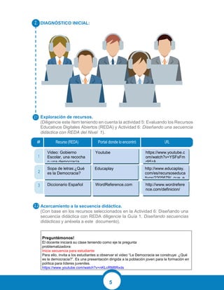 5
DIAGNÓSTICO INICIAL:
Exploración de recursos.
(Diligencie este ítem teniendo en cuenta la actividad 5: Evaluando los Recursos
Educativos Digitales Abiertos (REDA) y Actividad 6: Diseñando una secuencia
didáctica con REDA del Nivel 1).
Acercamiento a la secuencia didáctica.
(Con base en los recursos seleccionados en la Actividad 6: Diseñando una
secuencia didáctica con REDA diligencie la Guía 1. Diseñando secuencias
didácticas y anéxela a este documento).
Preguntémonos!
El docente iniciará su clase teniendo como eje la pregunta
problematizadora:
Inicia secuencia para estudiante
Para ello, invita a los estudiantes a observar el video “La Democracia se construye: ¿Qué
es la democracia?”. Es una presentación dirigida a la población joven para la formación en
política para líderes juveniles.
https://www.youtube.com/watch?v=nKLcRM8Rxds
Video: Gobierno
Escolar, una recocha
o una democracia.
Sopa de letras:¿Qué
es la Democracia?
Diccionario Español
Youtube
Educaplay
WordReference.com
https://www.youtube.c
om/watch?v=YSFsFm
r95zA
http://www.educaplay.
com/es/recursoseduca
tivos/2305679/_que_e
http://www.wordrefere
nce.com/definicion/
 