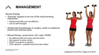 MANAGEMENT
Review findings
• “Exercise” appears to be one of the most promising
intervention
• Additonal benefits and cost-effective
• Can be self-managed
• •Multimodal physiotherapy or surgery, confer no additional
benefit over exercise alone
• Manual therapy, acupuncture, US, Laser, PSWD
• No added benefit over active exercise alone
• Not superior to active control
• ESWT not superior to placebo
• CCS injections = possible small short-term effect
Littlewood et al 2012, Page et al 2016
 