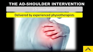 THE AD-SHOULDER INTERVENTION
1-5 consultations
Delivered by experienced physiotherapists
 