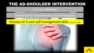 THE AD-SHOULDER INTERVENTION
1-5 consultations
Delivered by experienced physiotherapists
Focuses on 5 core self-management skills (Lorig et al., 2003)
 